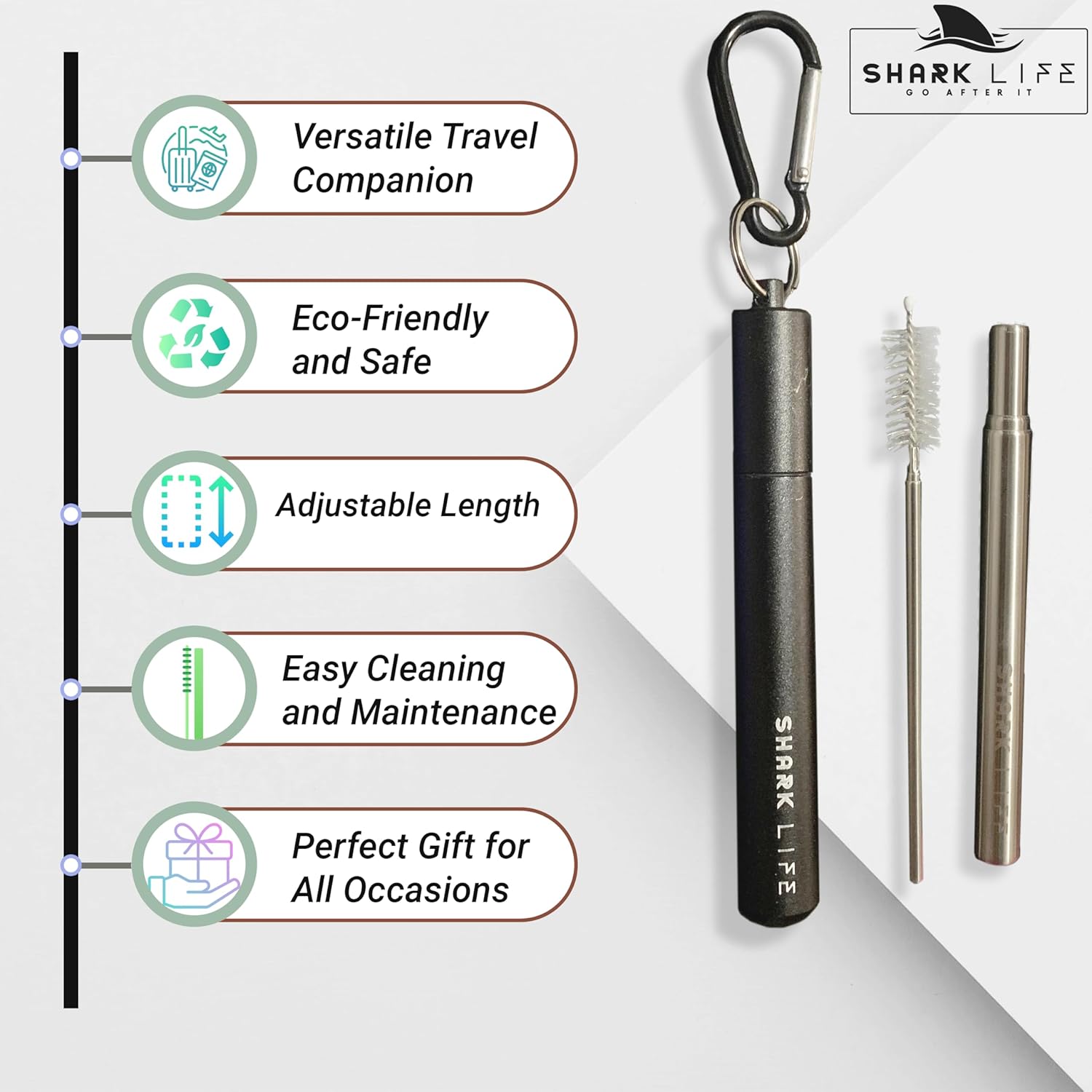 SharkLife – Pajita telescópica de viaje reutilizable con estuche, un cepillo de limpieza y boquilla de silicona suave, popote de acero inoxidable,