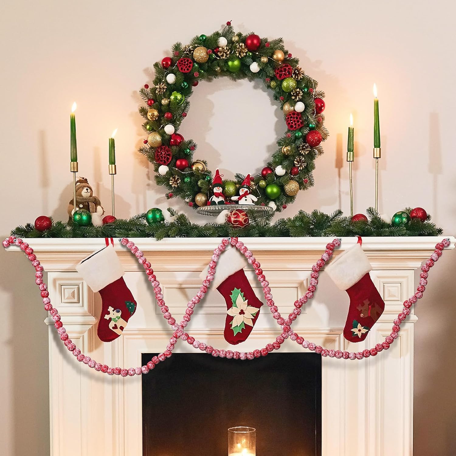 Guirnalda de cuentas de madera de Navidad de 16 pies para decoración de árbol de Navidad (rojo, blanco)