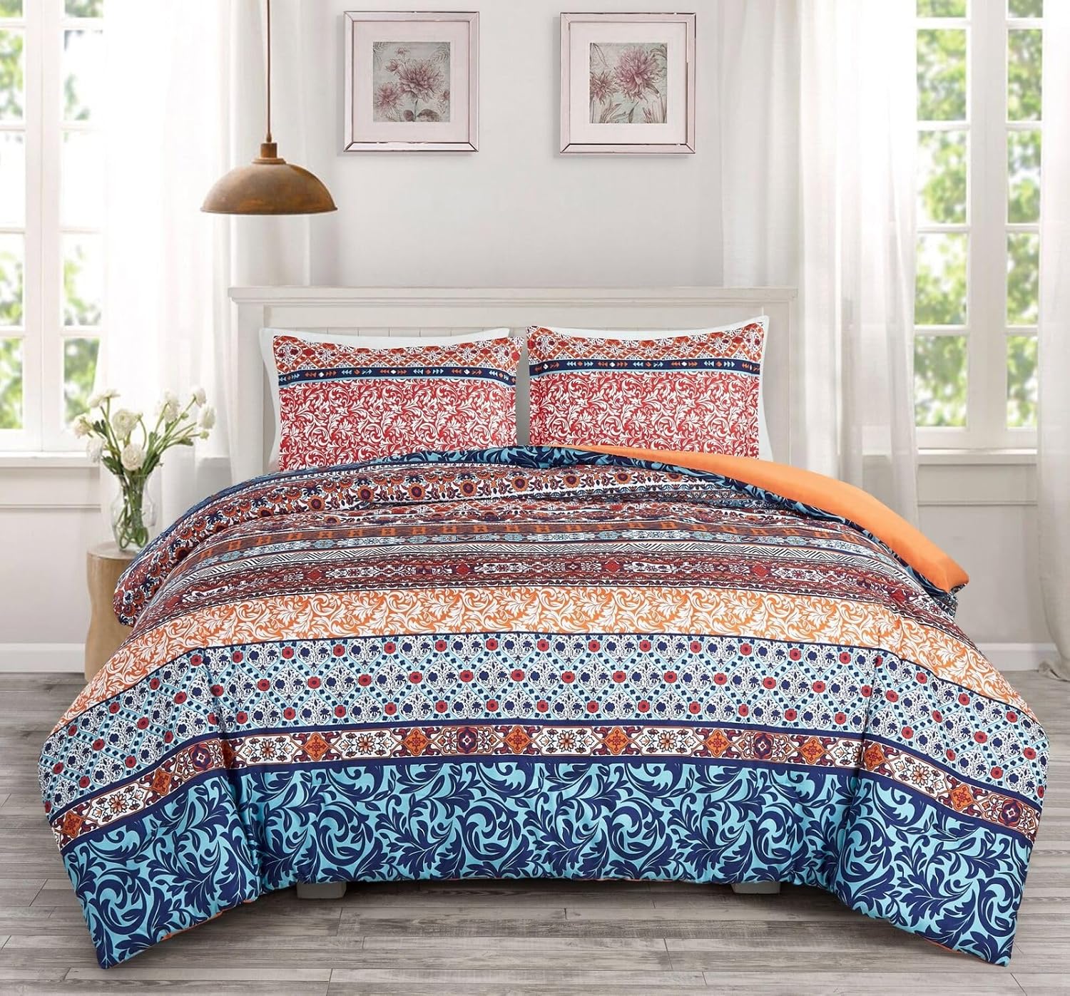 Chezmoi Collection Shore – Juego de edredón de 3 piezas con estampado bohemio a rayas, tamaño King, medallón floral, colorido, azul marino, naranja,
