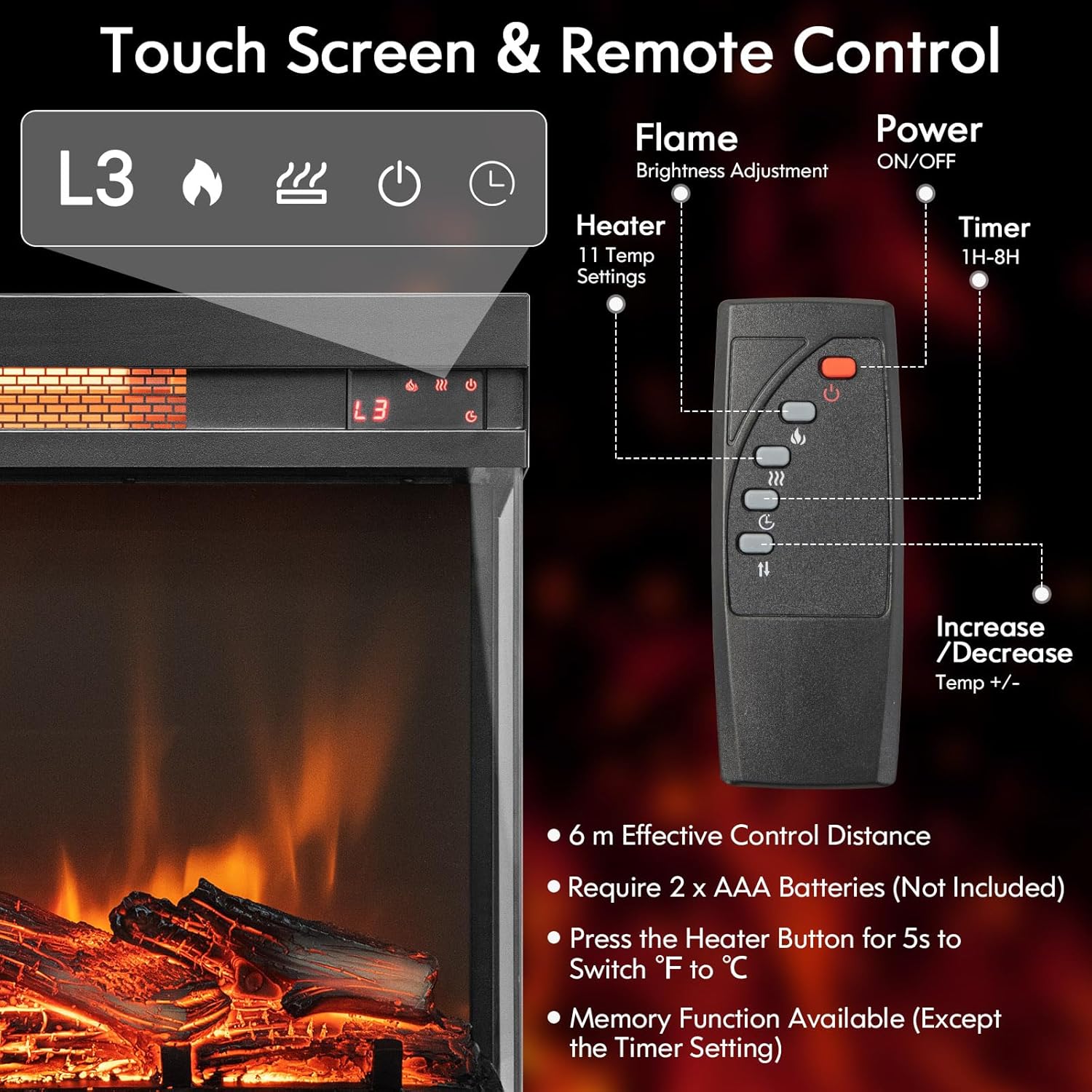 ORALNER Inserto de chimenea eléctrica de 23 pulgadas, calentador de chimenea de vidrio de 3 lados con control remoto y temporizador de 8 horas,