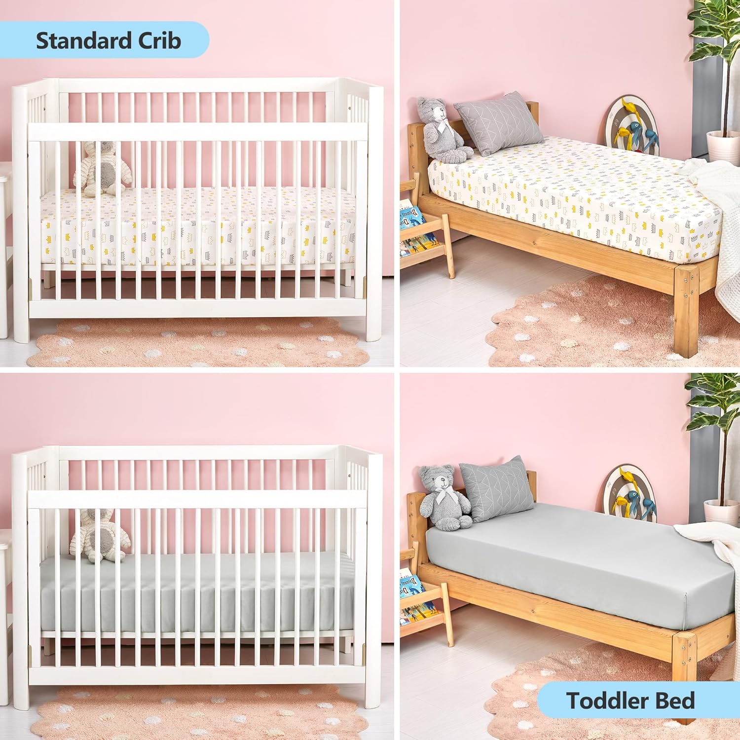 TILLYOU Juego de 2 sábanas bajeras para cuna, sábanas de colchón de 100% algodón natural para cama infantil, tamaño estándar de 28 x 52 x 8