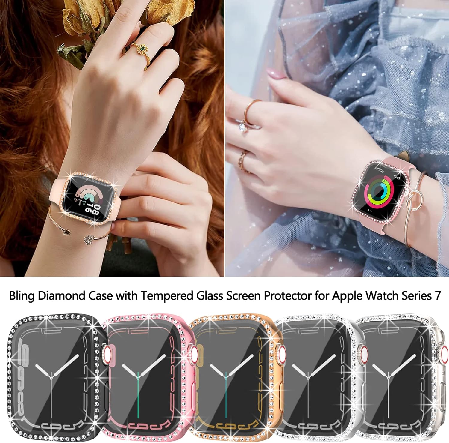 Haojavo Paquete de 5 fundas brillantes para Apple Watch Series 9, 8, 7, 1.77 pulgadas con protector de pantalla de vidrio templado, diamantes de