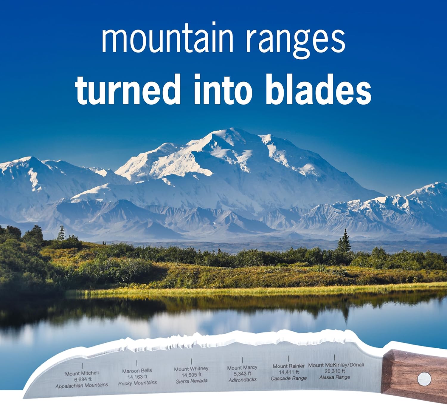 PanoramaKnife Cuchillo de cocina  Fabricado en Suiza  Picos de Estados Unidos  Cordilleras parecidas a la hoja  Acero inoxidable quirúrgico + madera