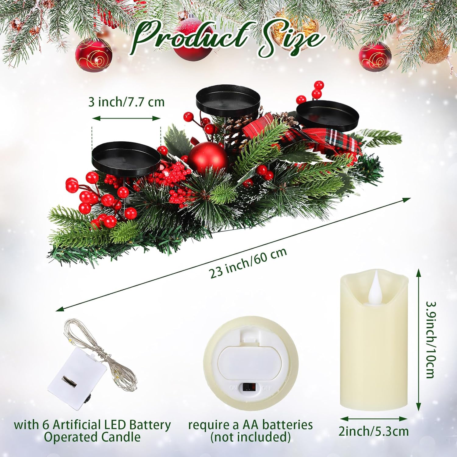 2 piezas de decoración de mesa de Navidad con 6 luces LED artificiales, funciona con pilas, candelabros triples para Navidad, para comedor, cocina,