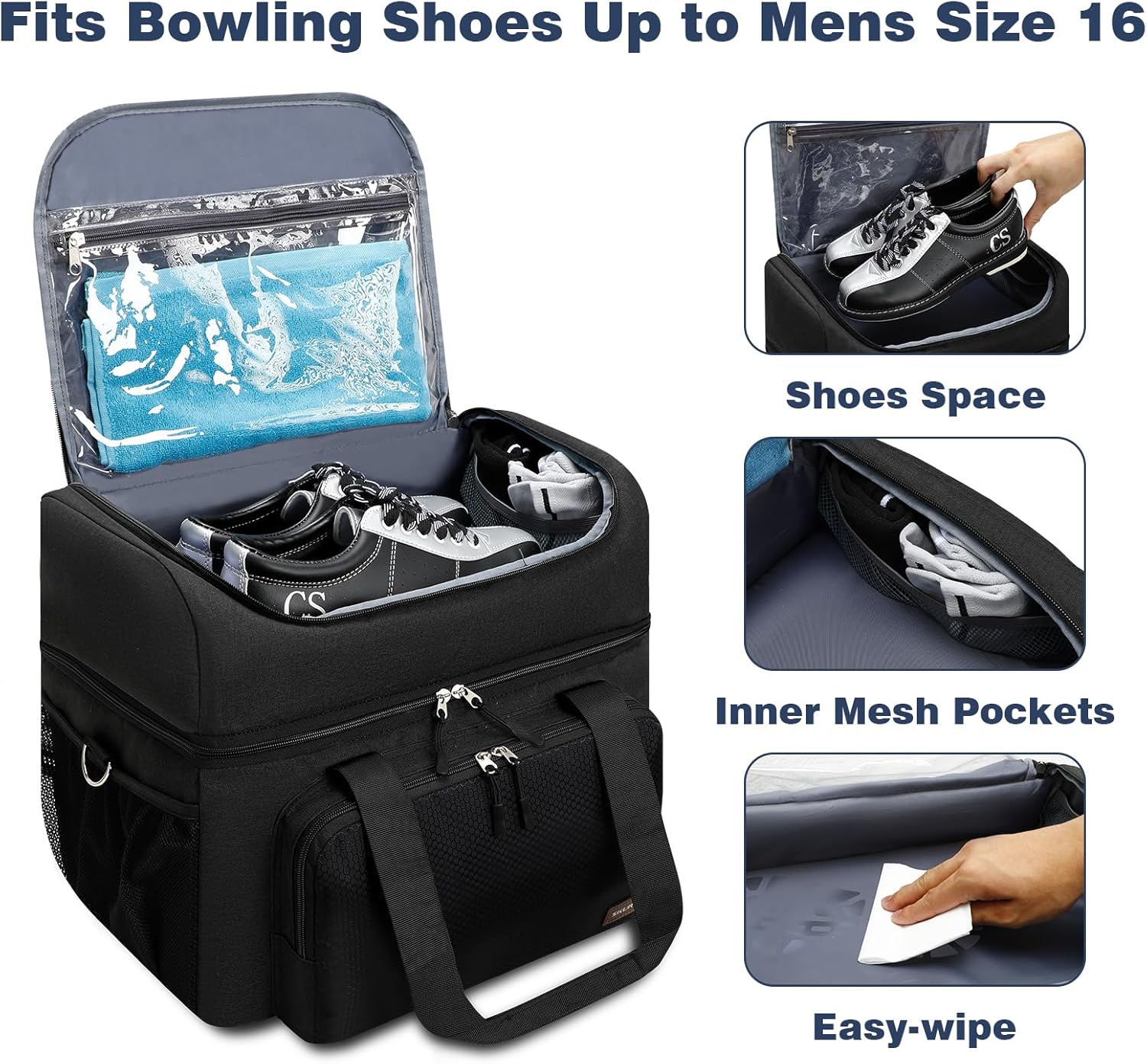 Bowling Ball Bags for SingleTwo Ball, Easy Carry Bowling Ball Tote Bags with Wooden Bowling Holder and Extra Storage Pockets – Holds OneTwo Bowling