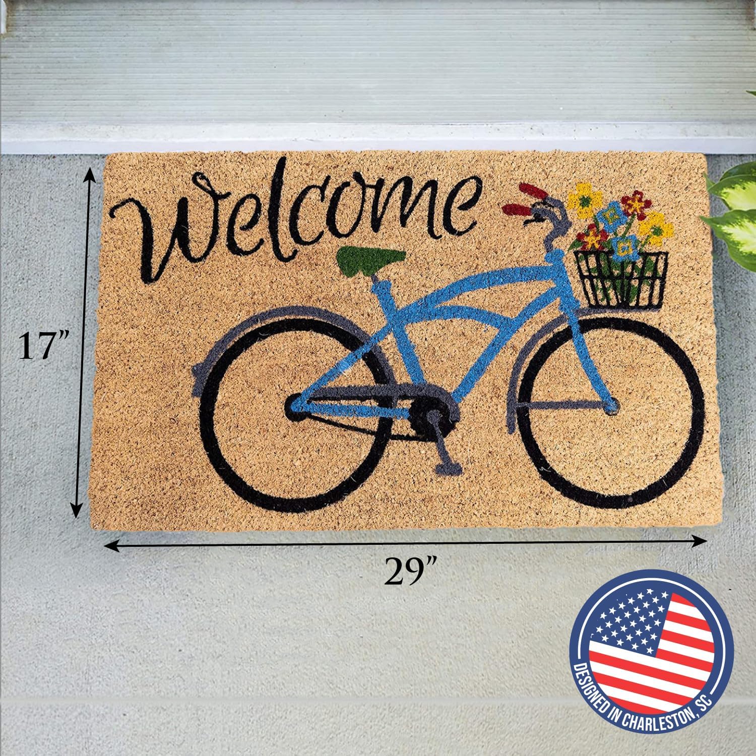 Bicicleta de bienvenida con flores, felpudo de fibra de coco natural, parte trasera antideslizante
