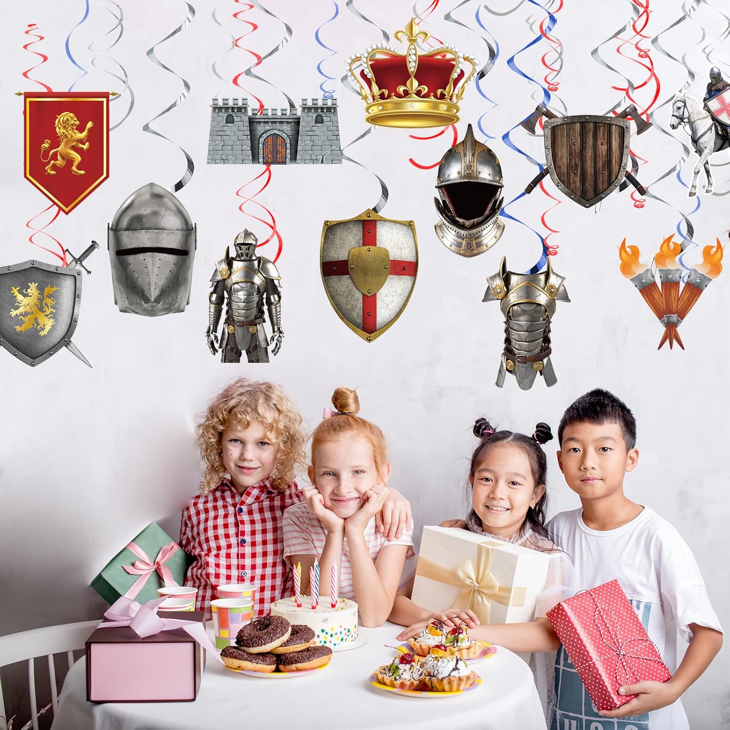 48 piezas de remolinos de cumpleaños de caballero medieval, decoraciones medievales para fiesta, serpentinas colgantes de pared, techo, espirales,