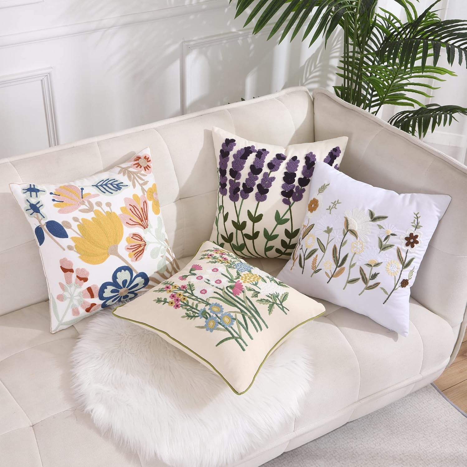 Holibeat Juego de 2 fundas de almohada con patrón floral bordado de primavera de 18 x 18 pulgadas, fundas de almohada para sofá, cama, sala de