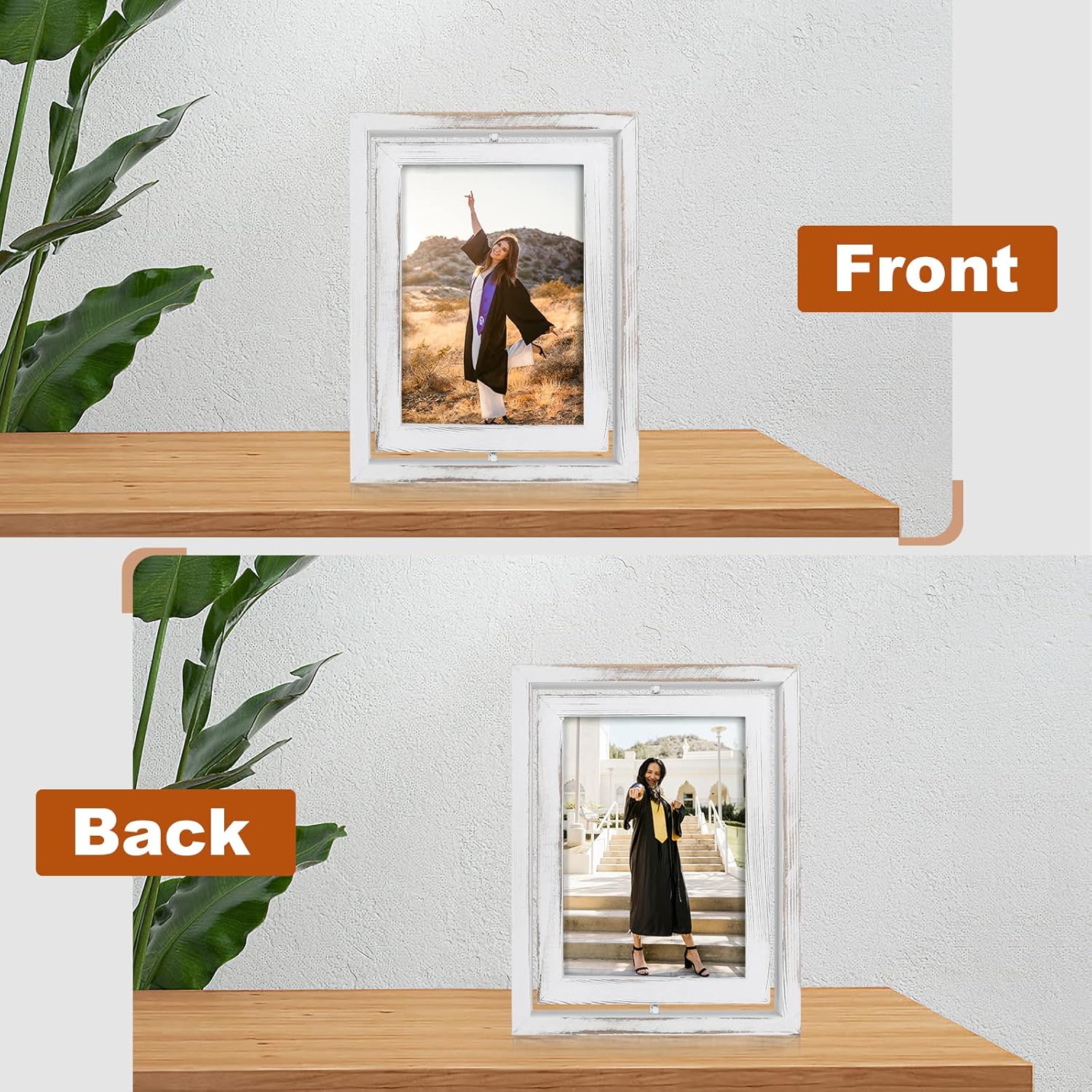 Egofine Paquete de 2 portarretratos flotantes giratorios de 5 x 7, pantalla de doble cara con frente de vidrio HD, marco de madera envejecida para