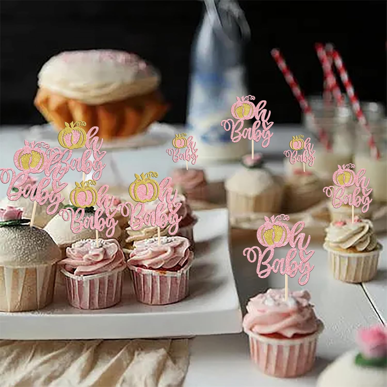 Paquete de 24 adornos para cupcakes de calabaza Oh Baby con purpurina para revelación de género, palillos de dientes, decoración de pastel de baby