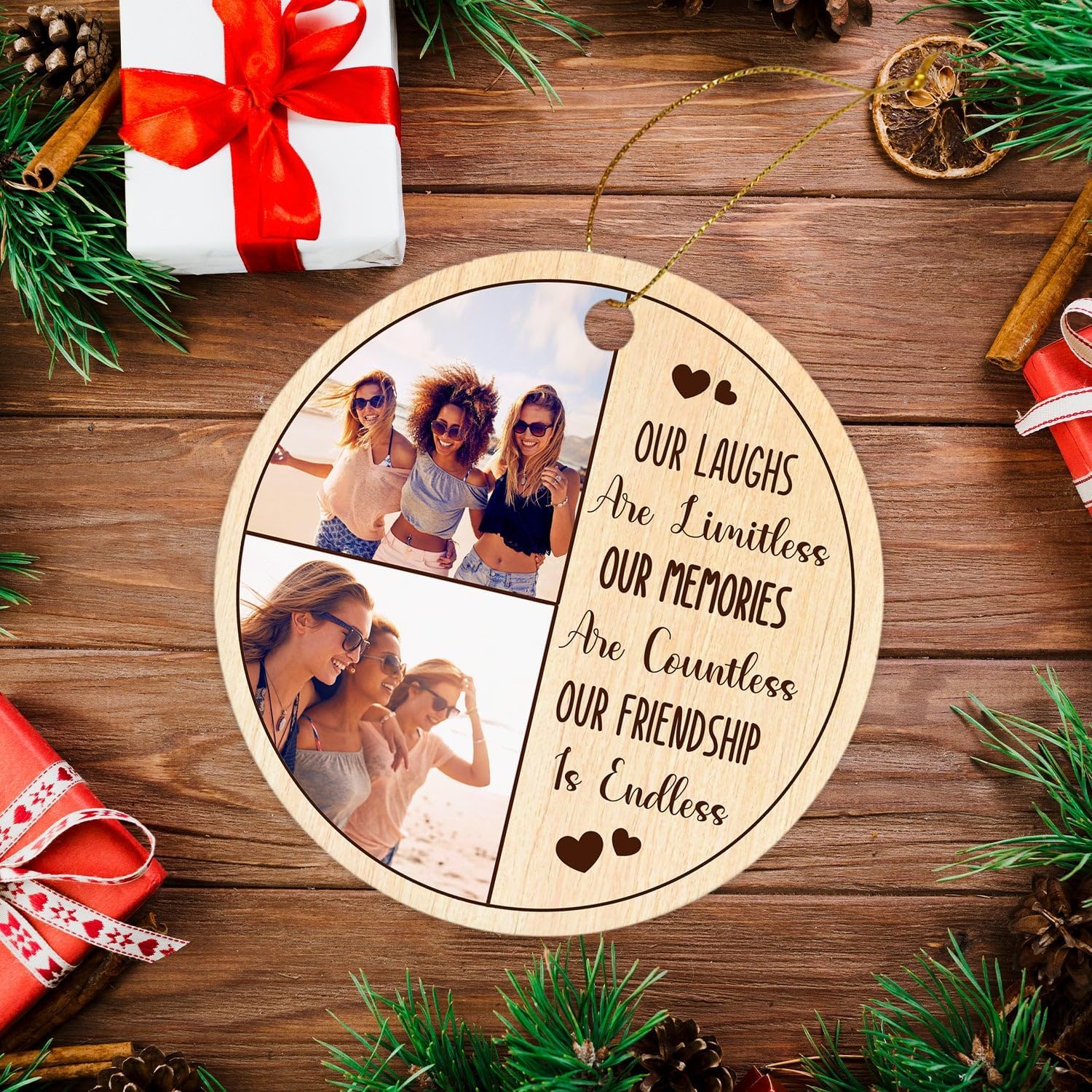 Adorno personalizado de Navidad con texto en inglés “Best Friends Forever”, Our Laughs are Limitless Our Memories are Countless Our Friendship is