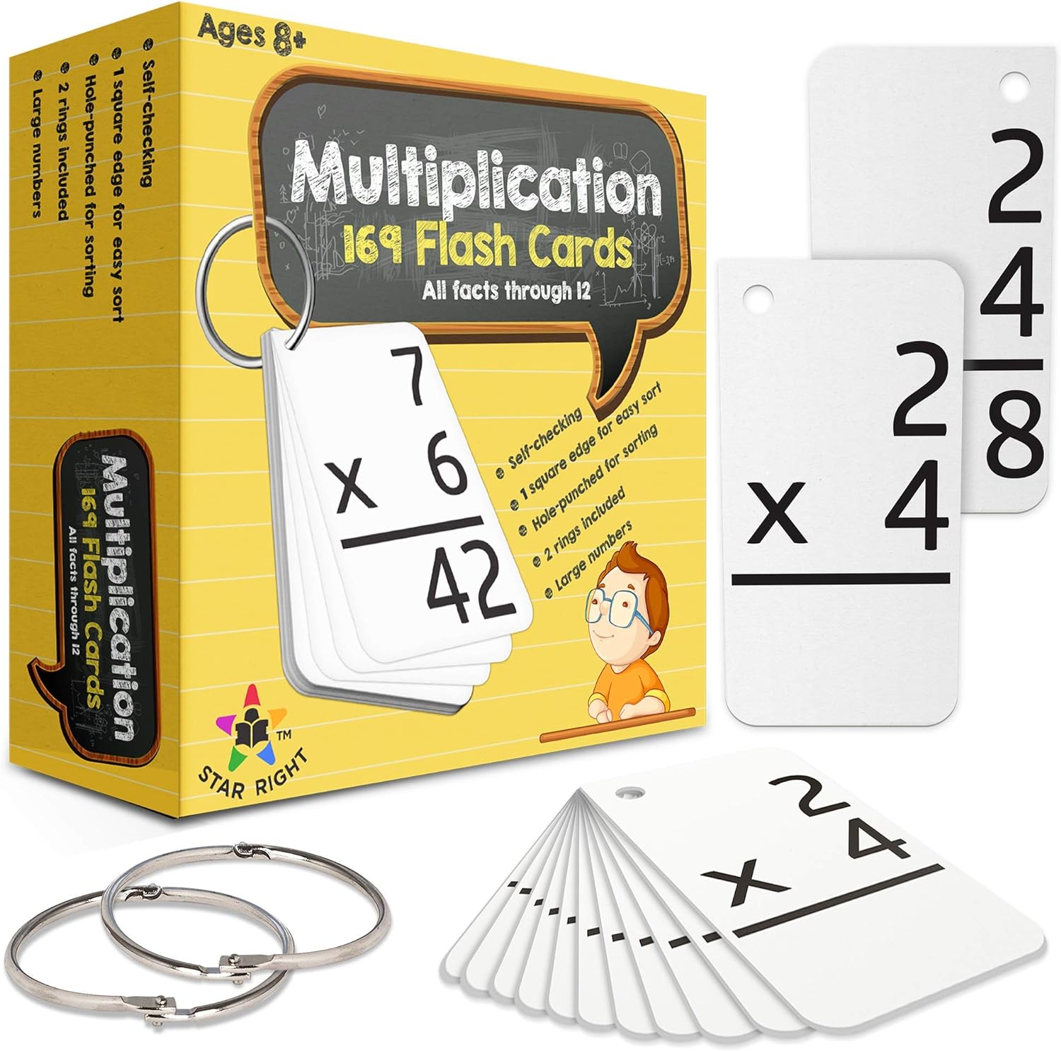 Tarjetas de multiplicación Star Right, 0-12(169 tarjetas) con 2 anillos