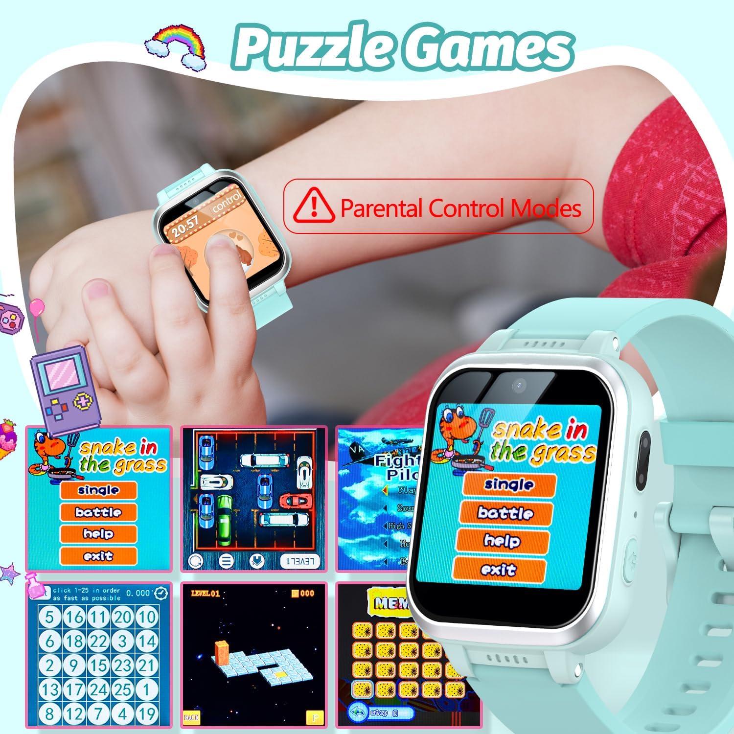 meoonley Reloj inteligente para niños con juegos de rompecabezas, pantalla táctil HD, cámara de video, reproductor de música, podómetro, reloj
