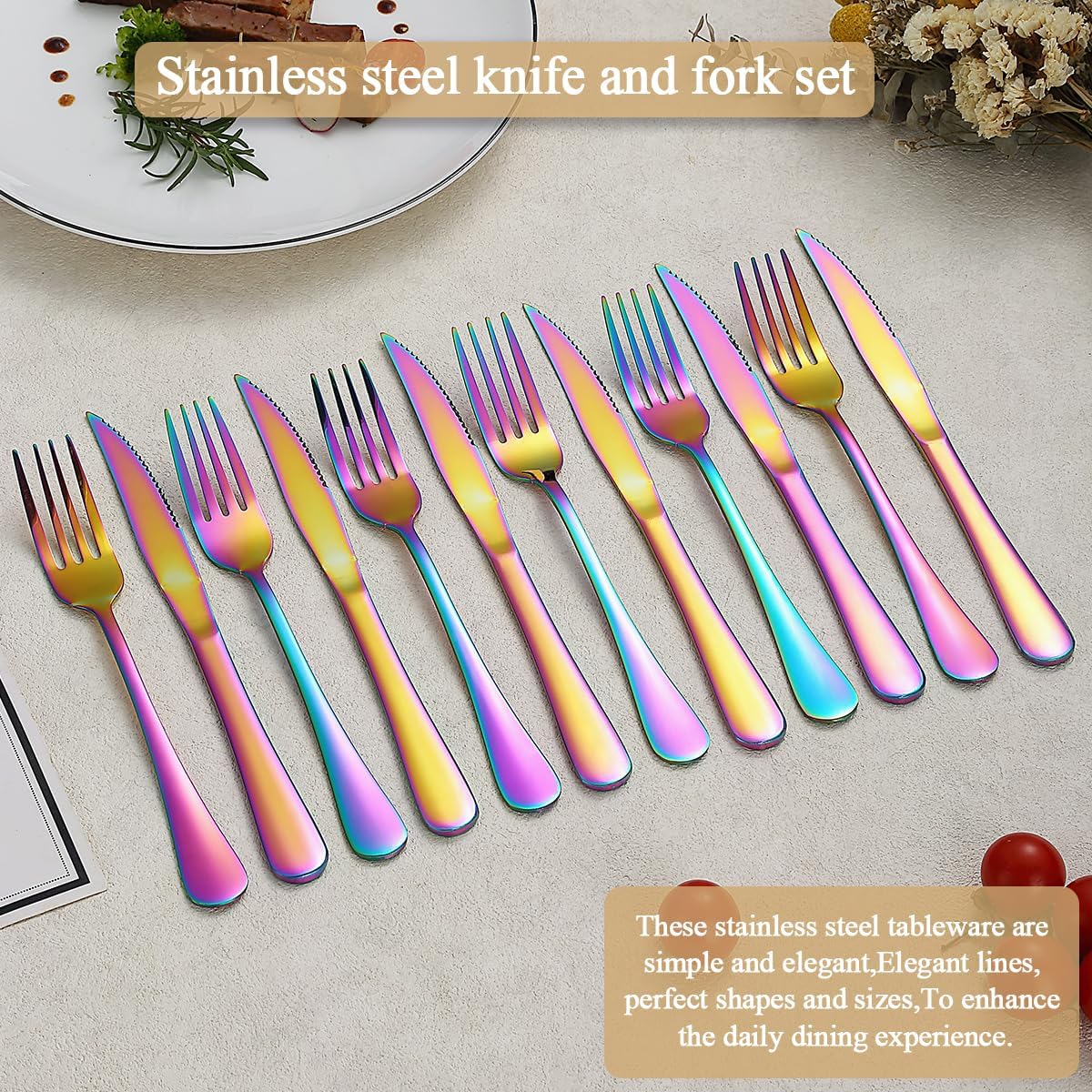 Evanda Rainbow – Juego de 24 cuchillos para carne, acero inoxidable chapado en titanio arcoíris, 12 tenedores y 12 cuchillos de cena, cuchillos para
