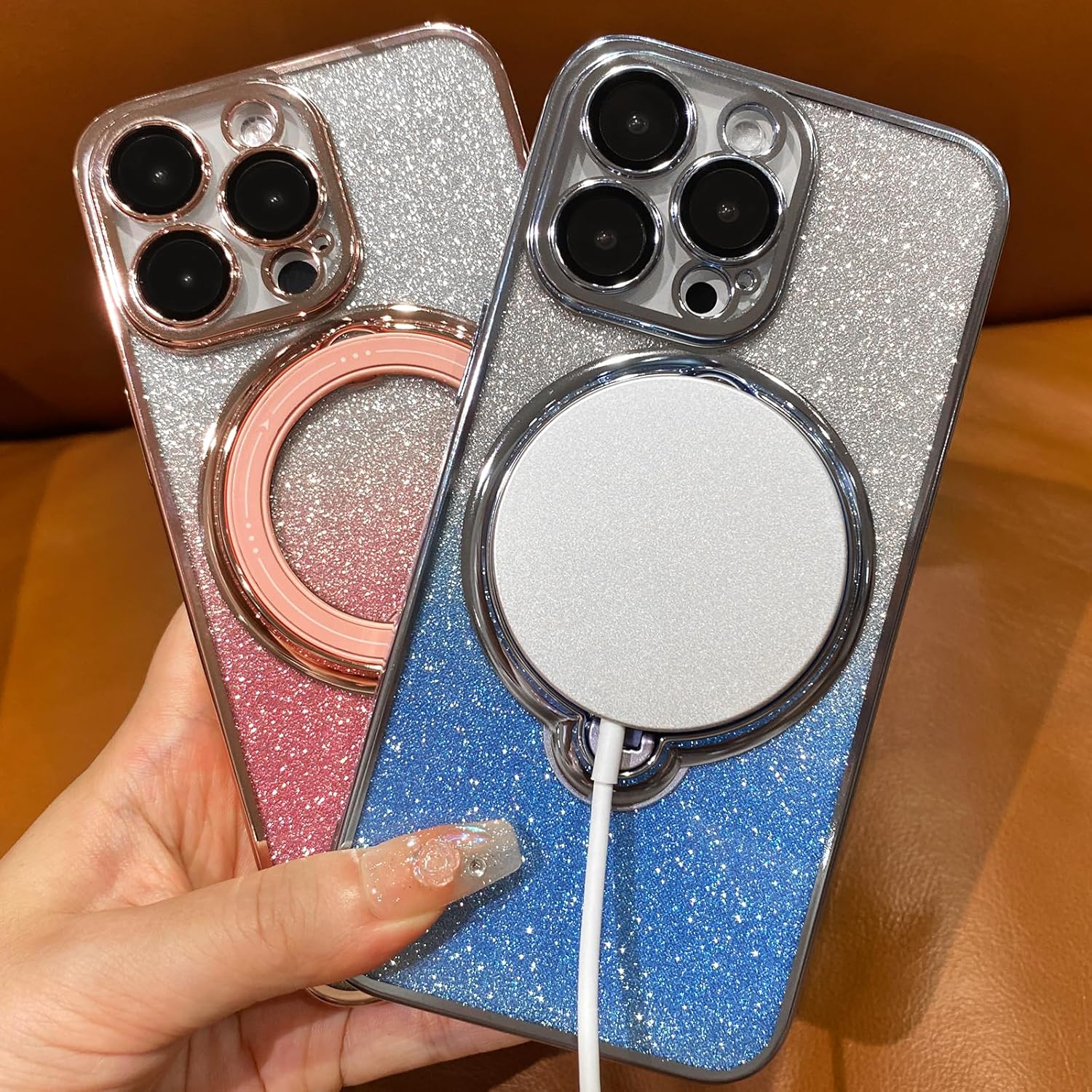 Funda magnética con purpurina para iPhone 15 Pro Max con soporte de anillo giratorio, compatible con MagSafe protector de lente de cámara chapado de
