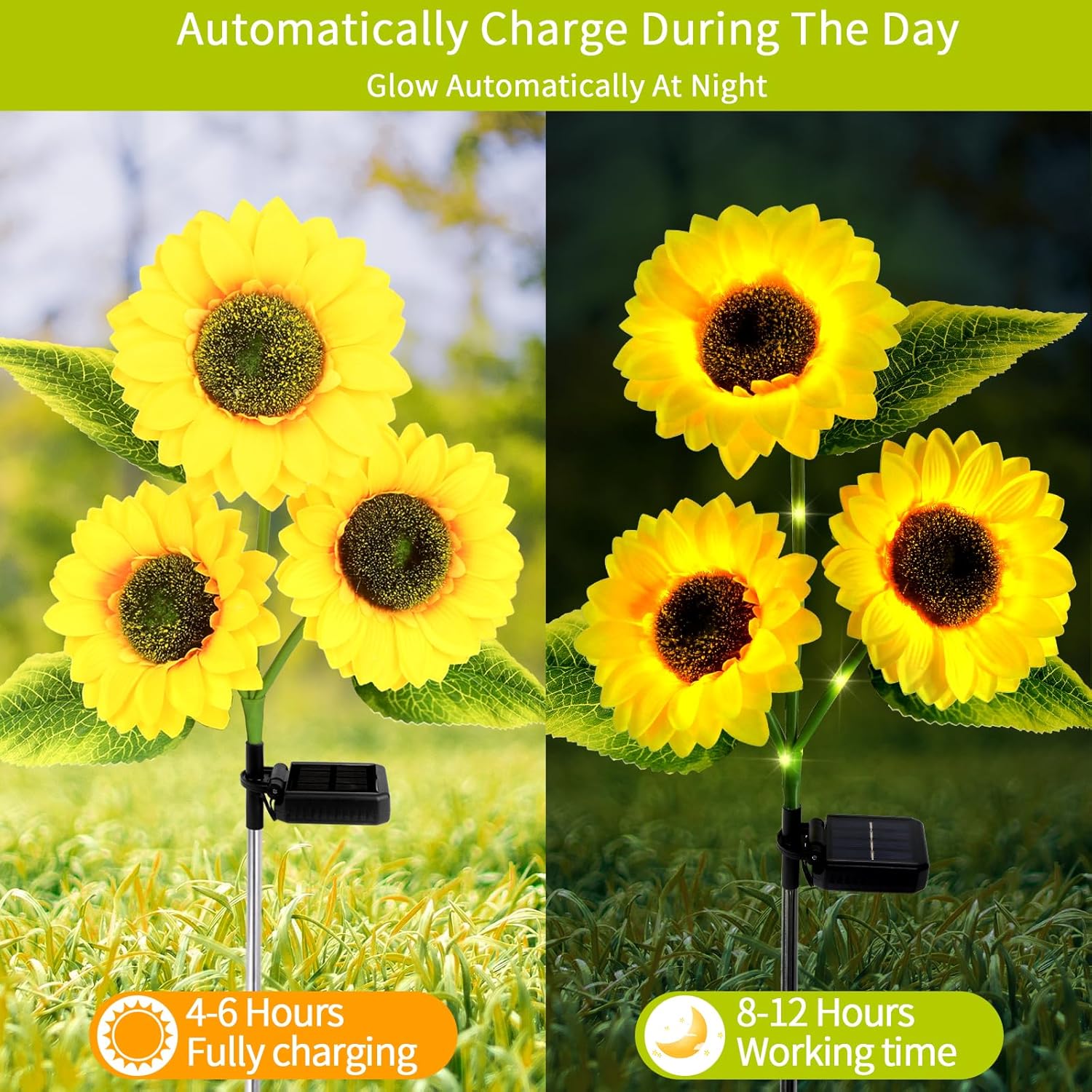 Paquete de 2 luces solares para decoración de jardín al aire libre con 6 luces LED de girasol, luces solares impermeables al aire libre para