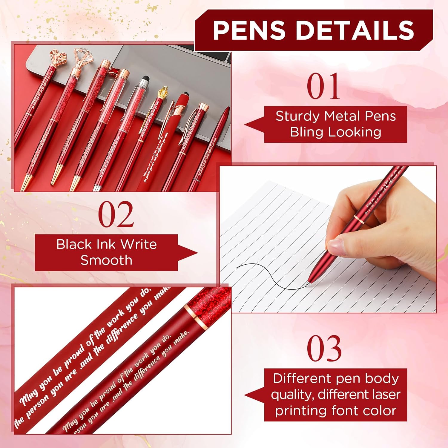 Yeaqee Juego de 9 bolígrafos de metal con diamantes de cristal motivacional para diario, tinta negra, bonitos y lindos bolígrafos kawaii, regalos de
