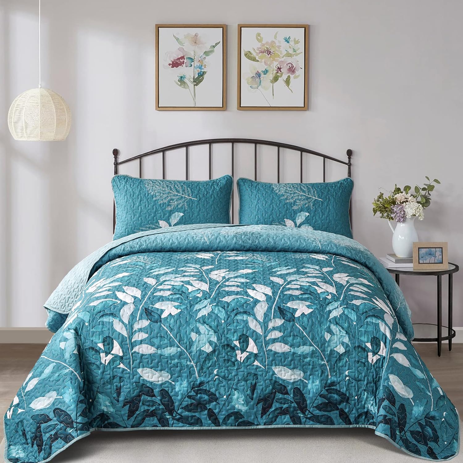 WONGS BEDDING Juego de edredón California King, juego de colcha de 3 piezas con hojas botánicas florales verde azulado con 2 fundas de almohada para