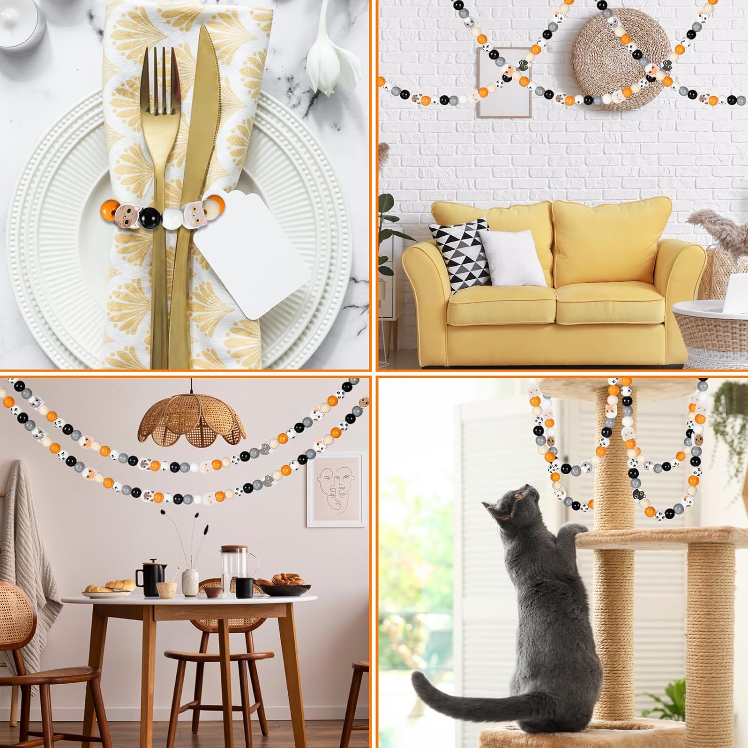 200 cuentas de madera con estampado de gato de 0.630 in, cuentas redondas de madera naturales hechas a mano, cuentas espaciadoras pulidas para hacer