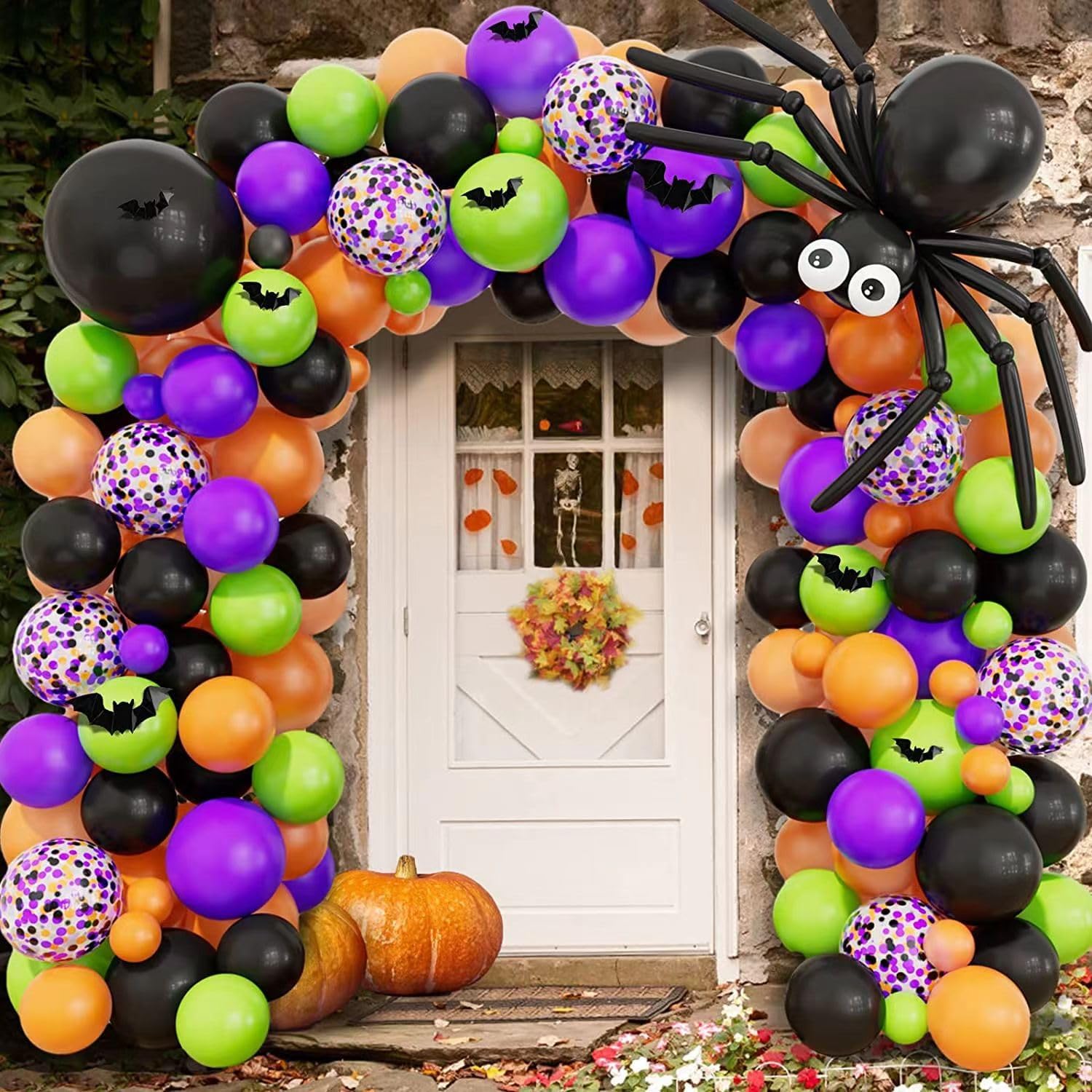 Kit de guirnalda de arco de globos de Halloween, 120 globos naranja, negro, verde, morado con murciélago de araña, globo de 12 pulgadas, 10