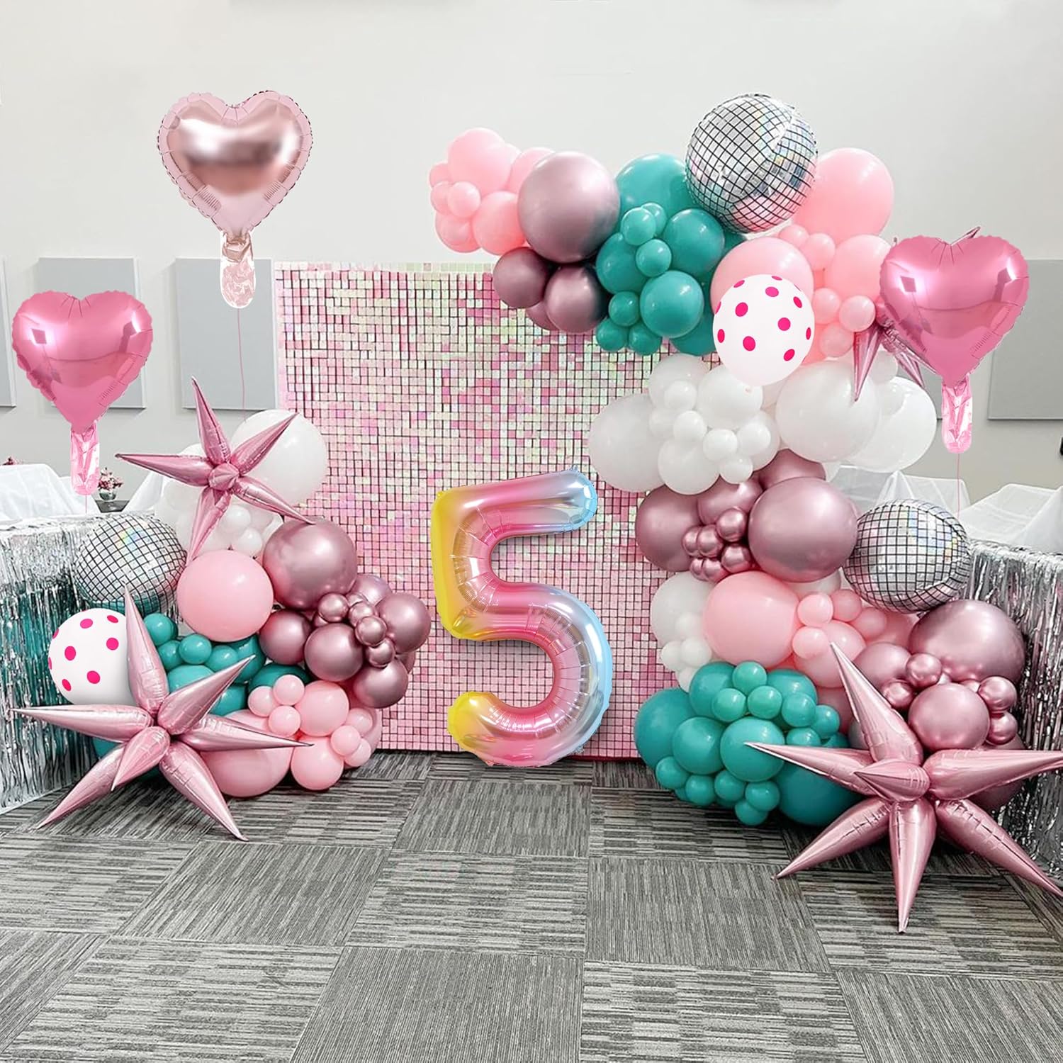 14 globos de fiesta de ratón, con lazo rosa, globos metálicos de papel de aluminio rosa intenso, incluye globo de cumpleaños del número 5, arco