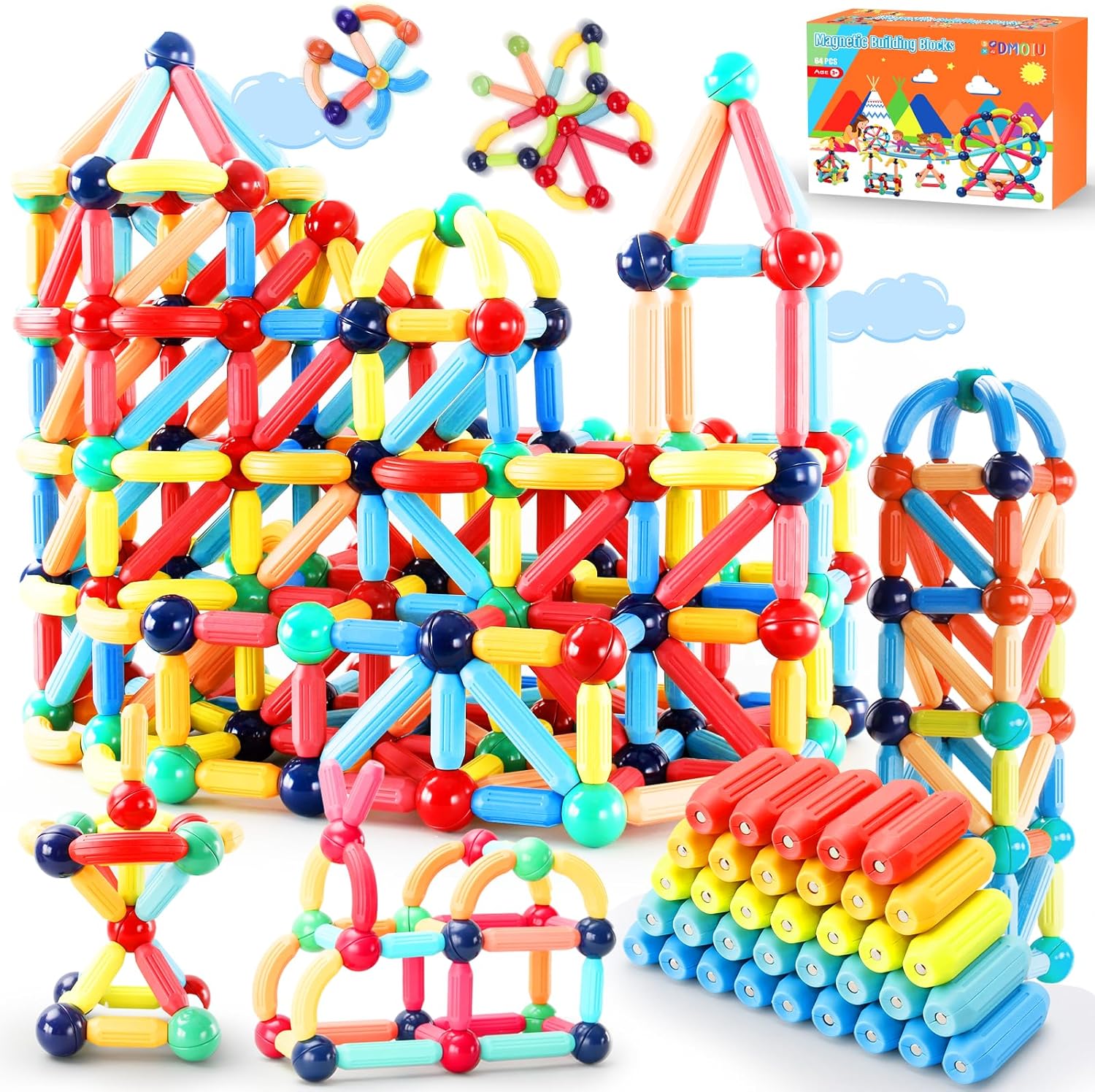64 piezas de bloques de construcción magnéticos, juguete educativo STEM para niños, palos y bolas de aprendizaje Montessori, juguetes de actividades