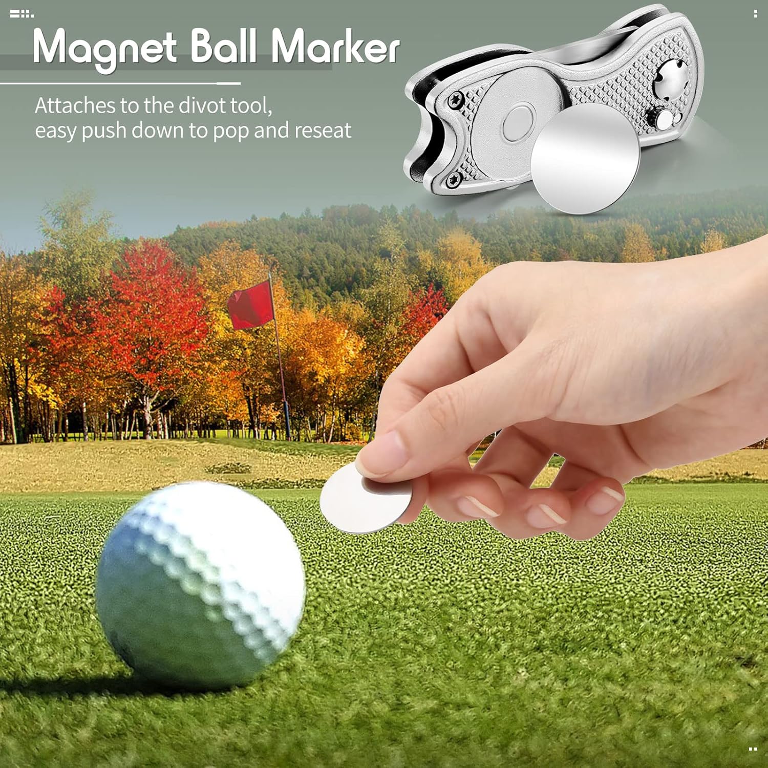 Herramienta de reparación de golf de acero inoxidable plegable de golf Divot, herramienta magnética de botón emergente de golf, marcador de pelota