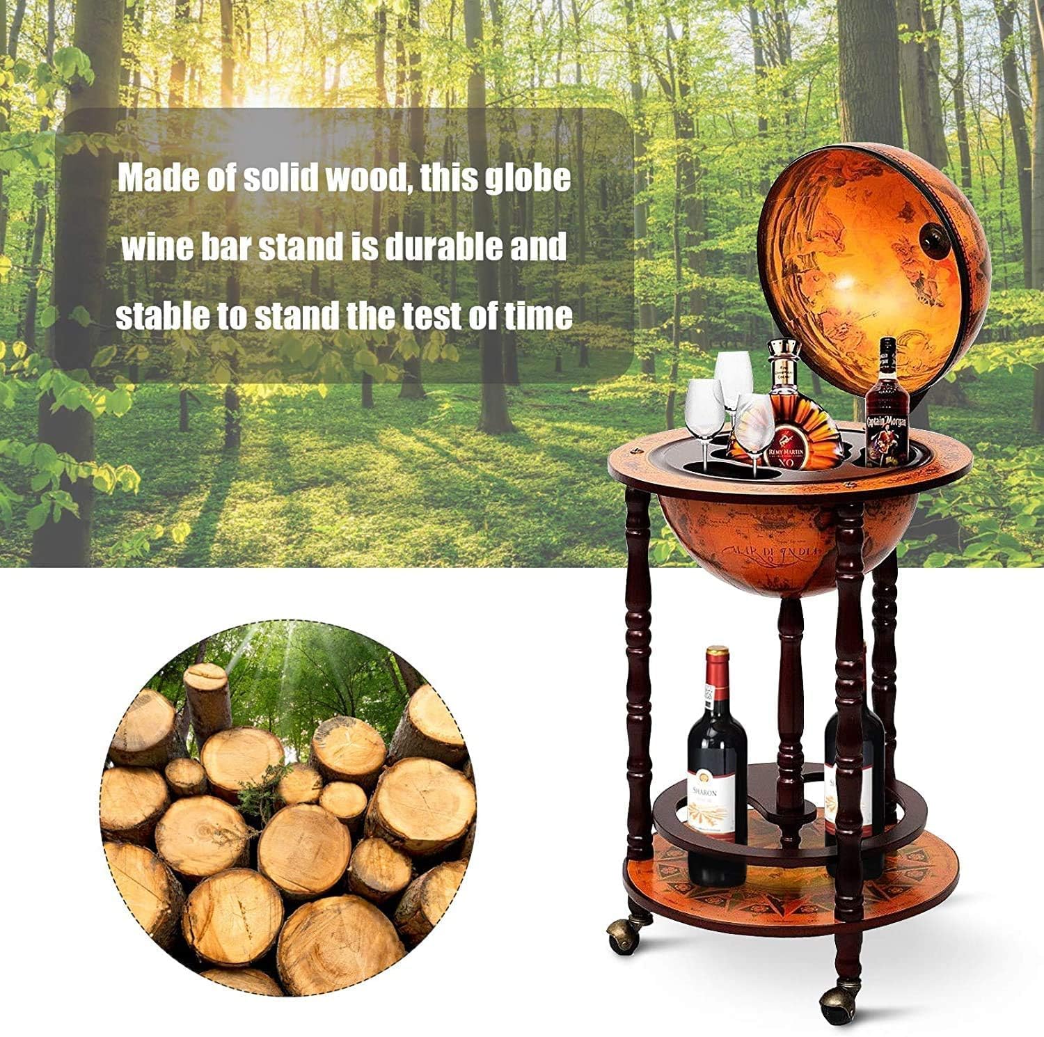 GOFLAME Wood Globe – Soporte para bar de vinos, estante italiano del siglo XVI, estante para botella de licor, gabinete de barra de globo con