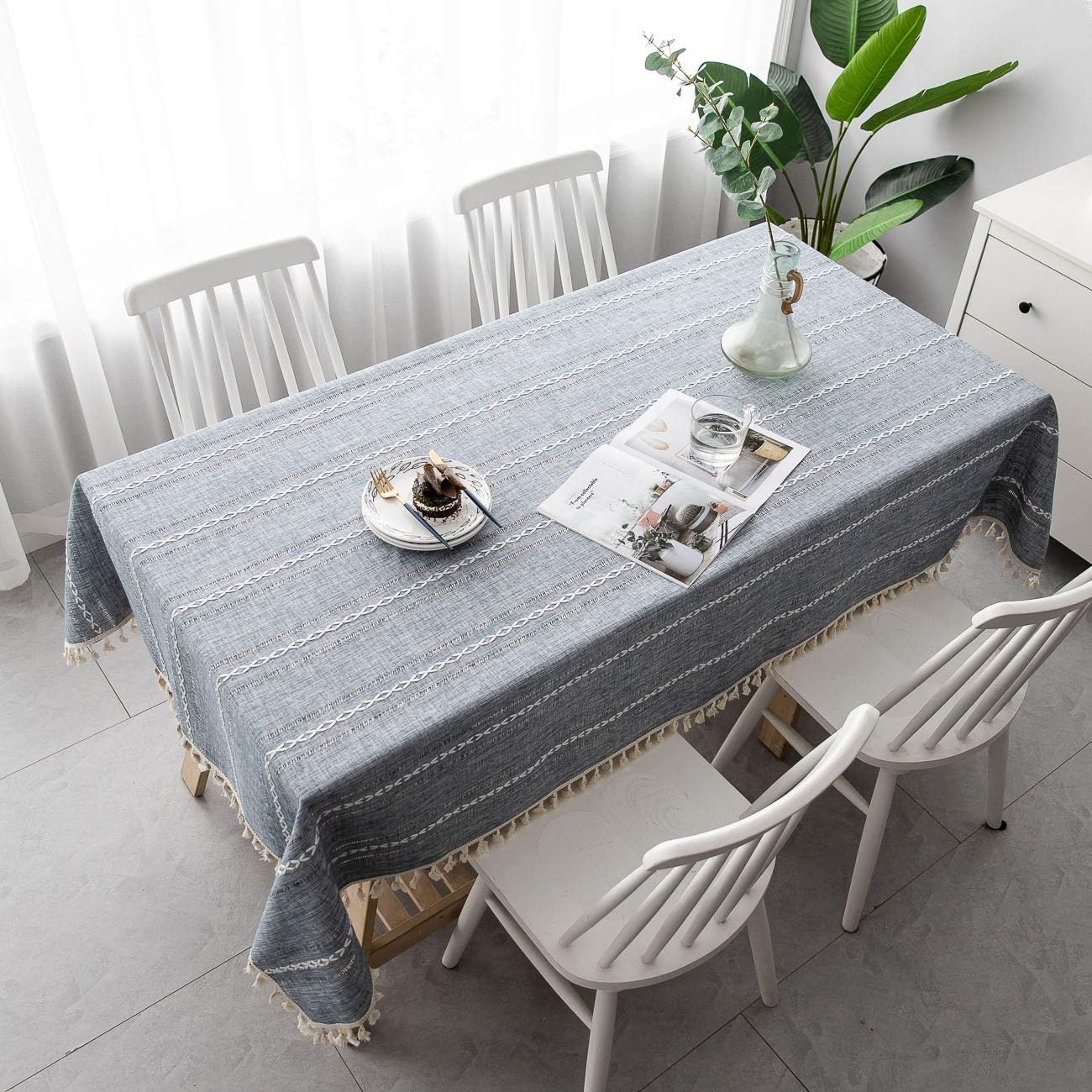 VINWO Mantel de lino de algodón pesado con borlas de color sólido para mesa rectangular (gris, rectangularoblongo, 54 x 118 pulgadas)