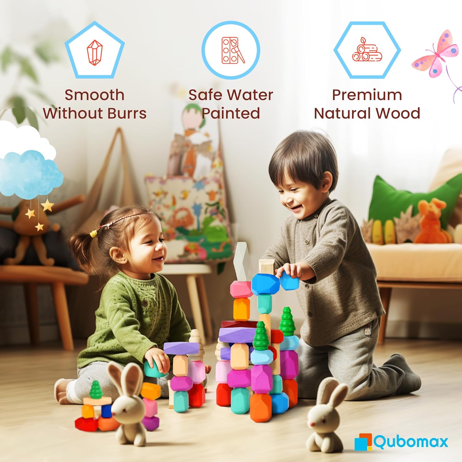 Qubomax 40 piezas de juguetes apilables de madera  Bloques de construcción Montessori para niños a partir de 3 años  Juego de aprendizaje preescolar