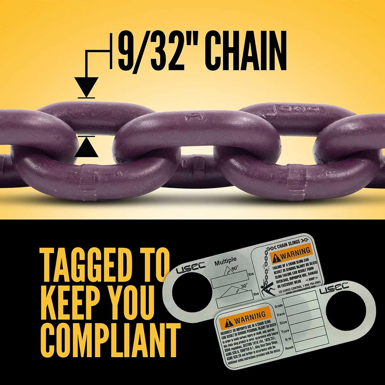 US Cargo Control – Eslinga de cadena ajustable de 2 patas de 932 pulgadas x 15 pies con gancho de honda – Acero de aleación de grado 100 – Eslinga