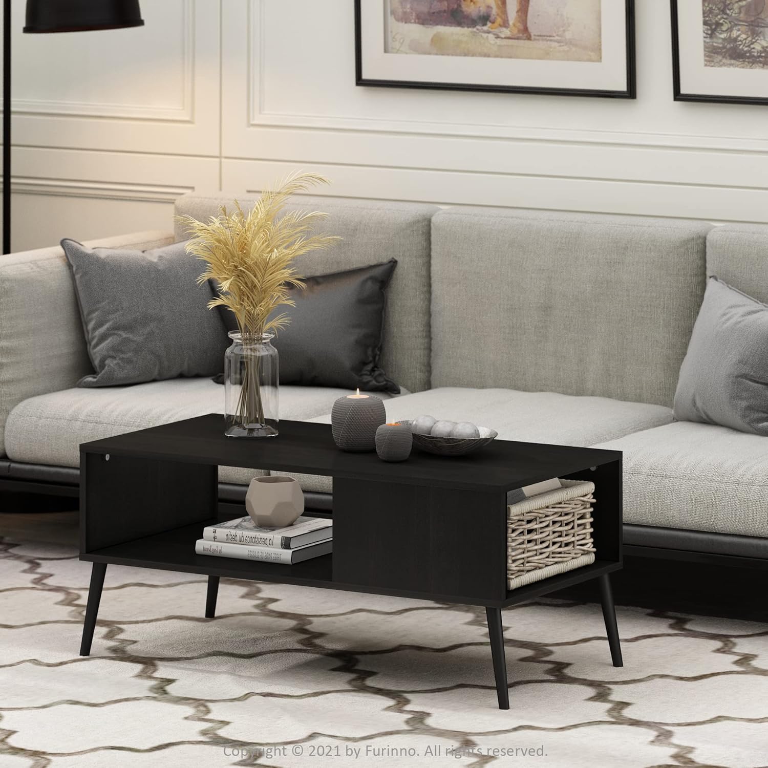 Furinno Claude – Mesa de centro estilo mediados de siglo con patas de madera, color espresso grande sin elevación