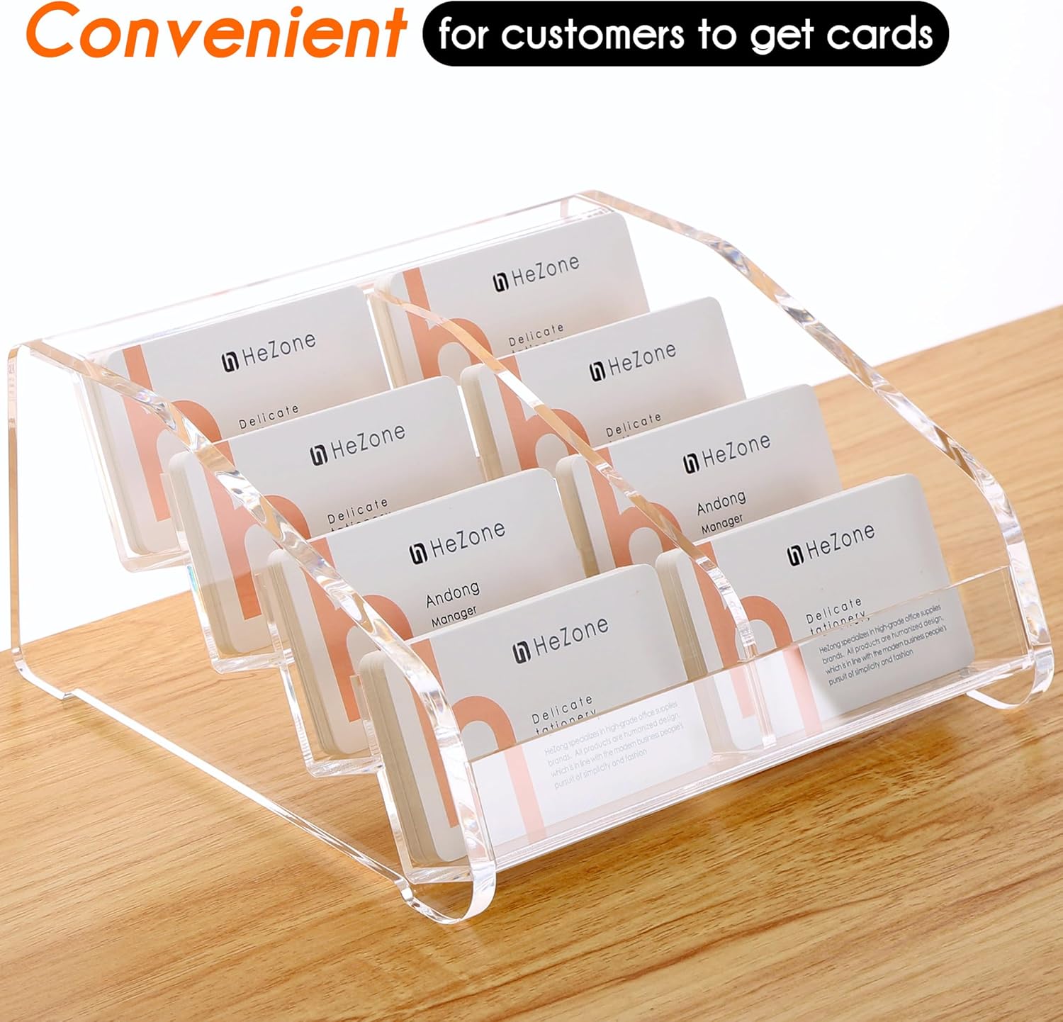 HeZone Soporte para tarjetas de visita para escritorio, soporte para tarjetas de acrílico transparente, múltiples 8 ranuras, 4 niveles, soporte para