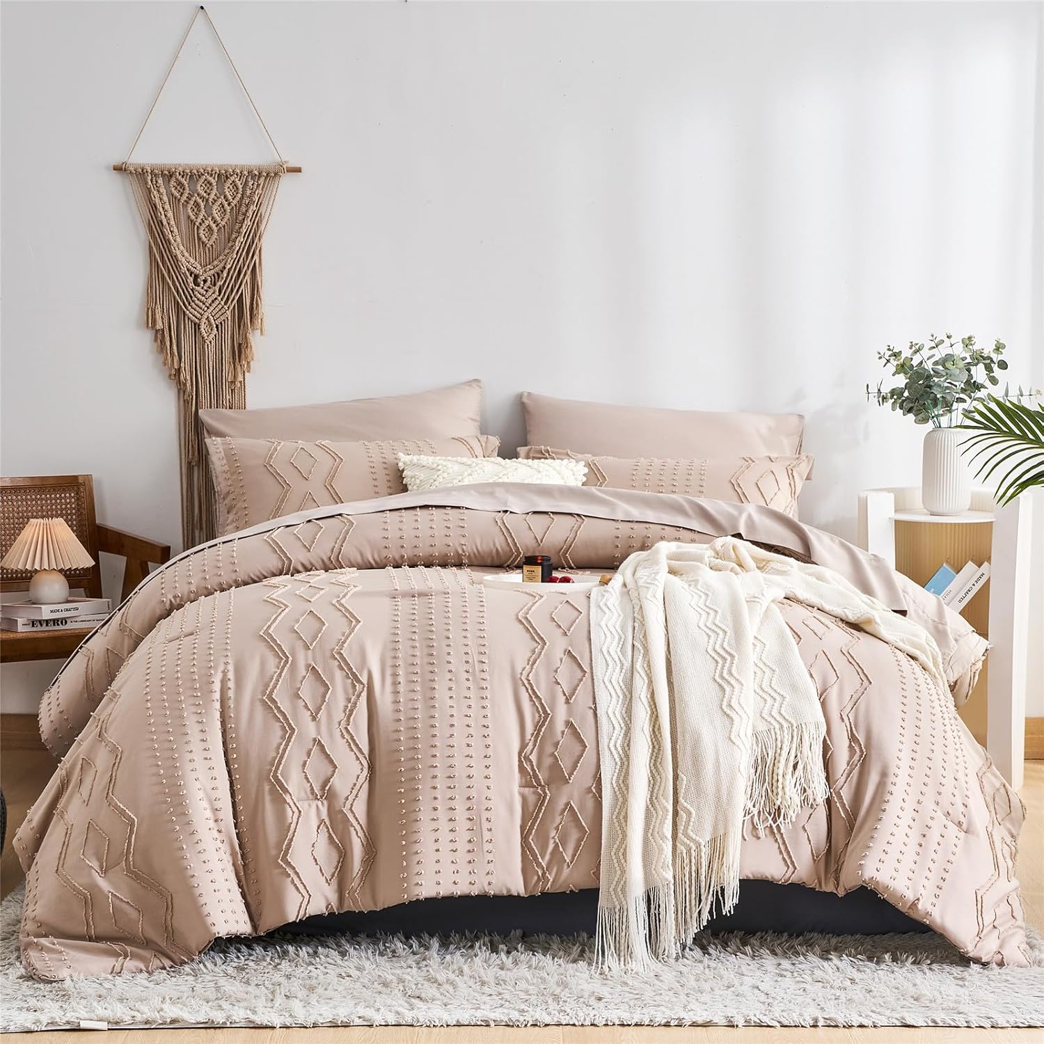 Juego de edredón tamaño King de 7 piezas de ropa de cama bohemia en una bolsa, juego de ropa de cama con textura geométrica, juego de ropa de cama
