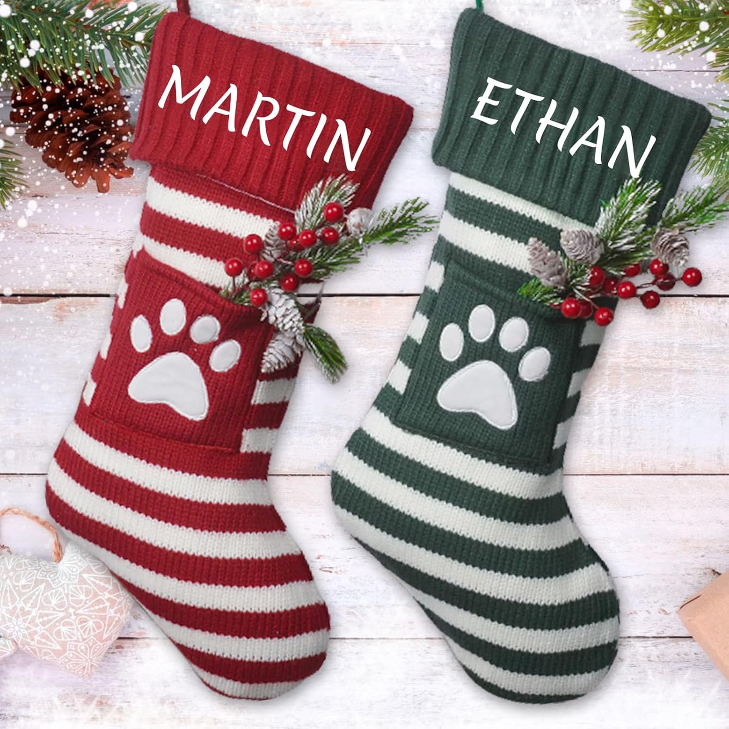Calcetines de Navidad de punto personalizados con nombre, árbol de Navidad, copo de nieve, pata de copo de nieve, juego de medias de punto de aguja