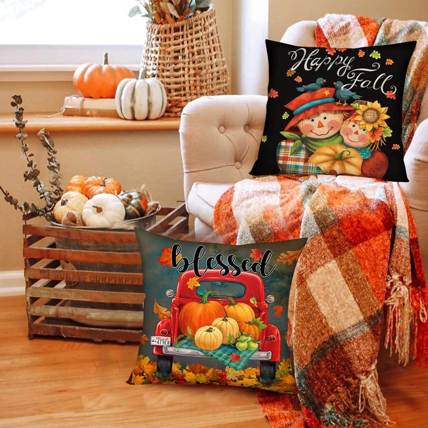 TUNKENCE Funda de almohada para decoración de Halloween, fundas de almohada para decoración de otoño, Acción de Gracias, calabaza, granja, hoja de