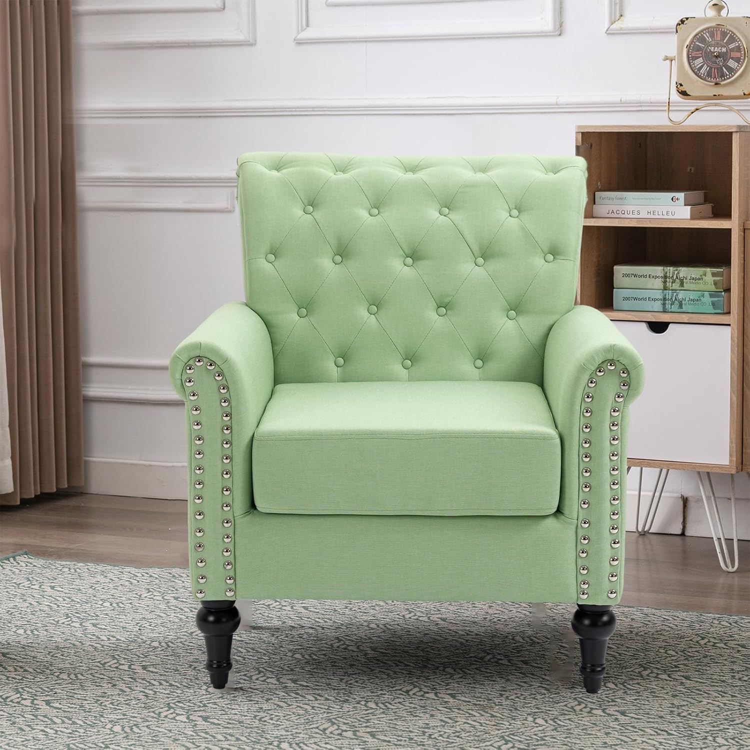 ARCLIS Silla de club, silla decorativa con botones para sala de estar, silla de lectura moderna de tela de lino de mediados de siglo, cómoda silla