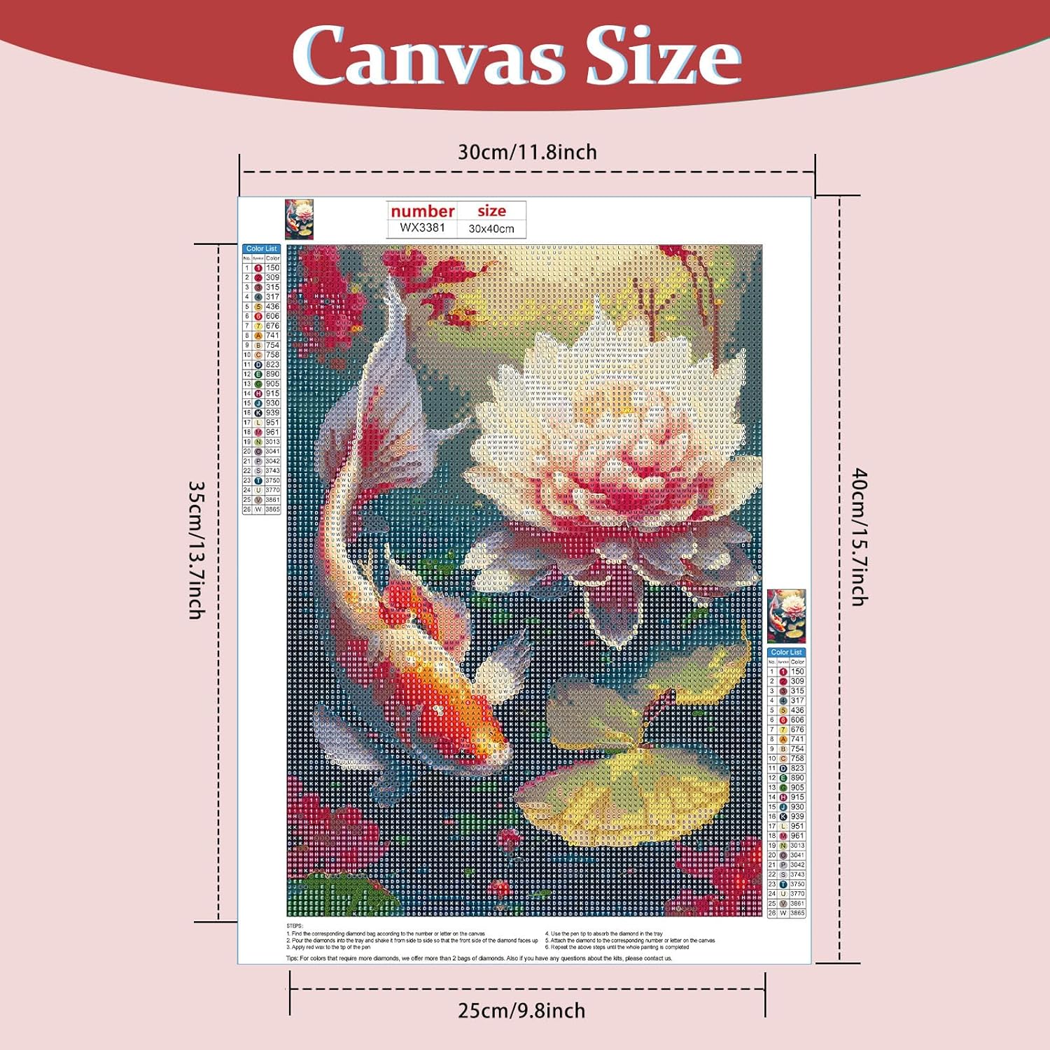 Lxmsja Kit de pintura 5D Good Luck Koi Fish Dimaond, kit de arte de diamantes de imitación de flores para bricolaje, manualidades redondas de
