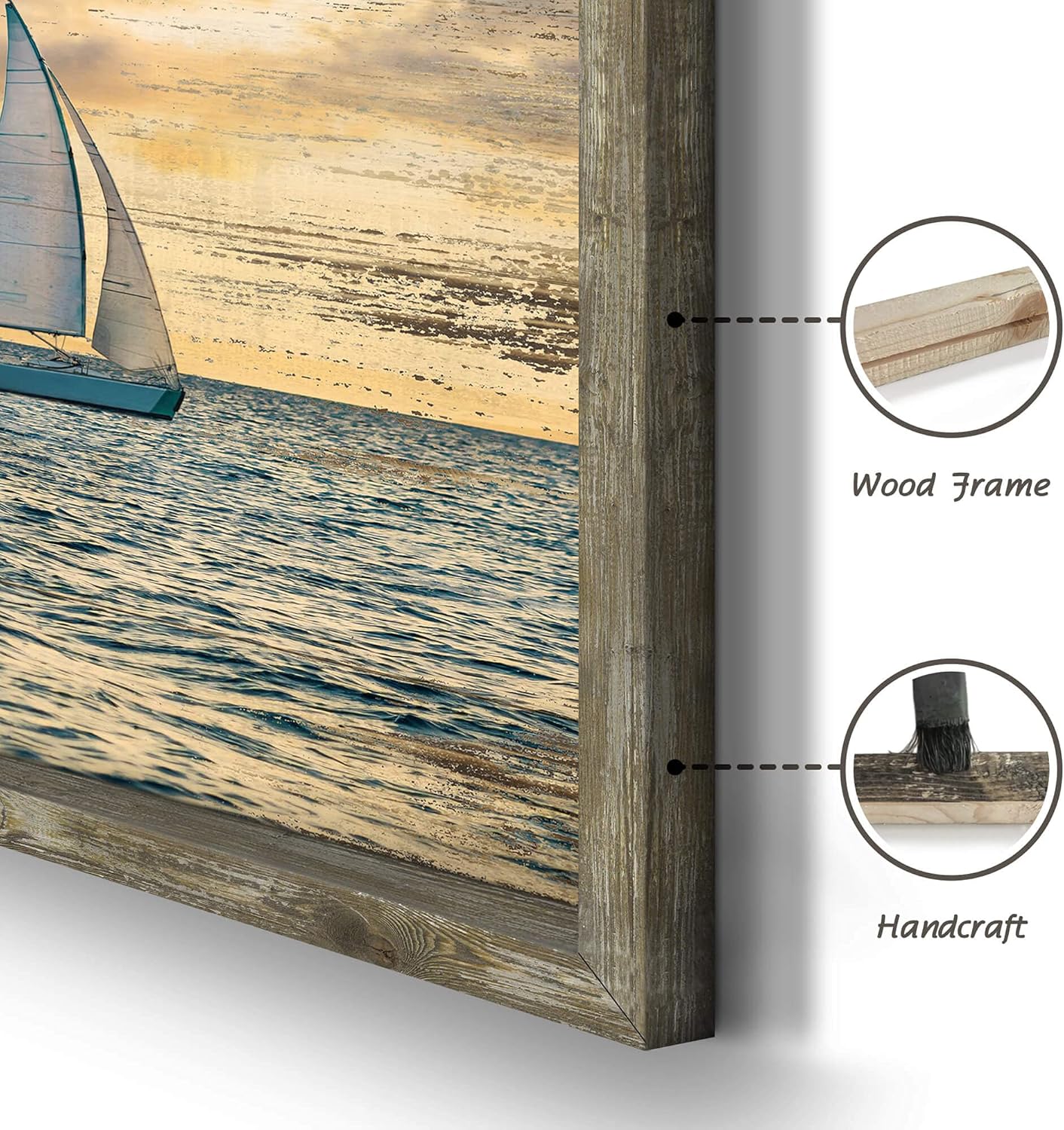 Arte de pared de madera enmarcada en la costa pintura del océano, barcos de vela, decoración de puesta de sol, paisaje marino, impresiones para