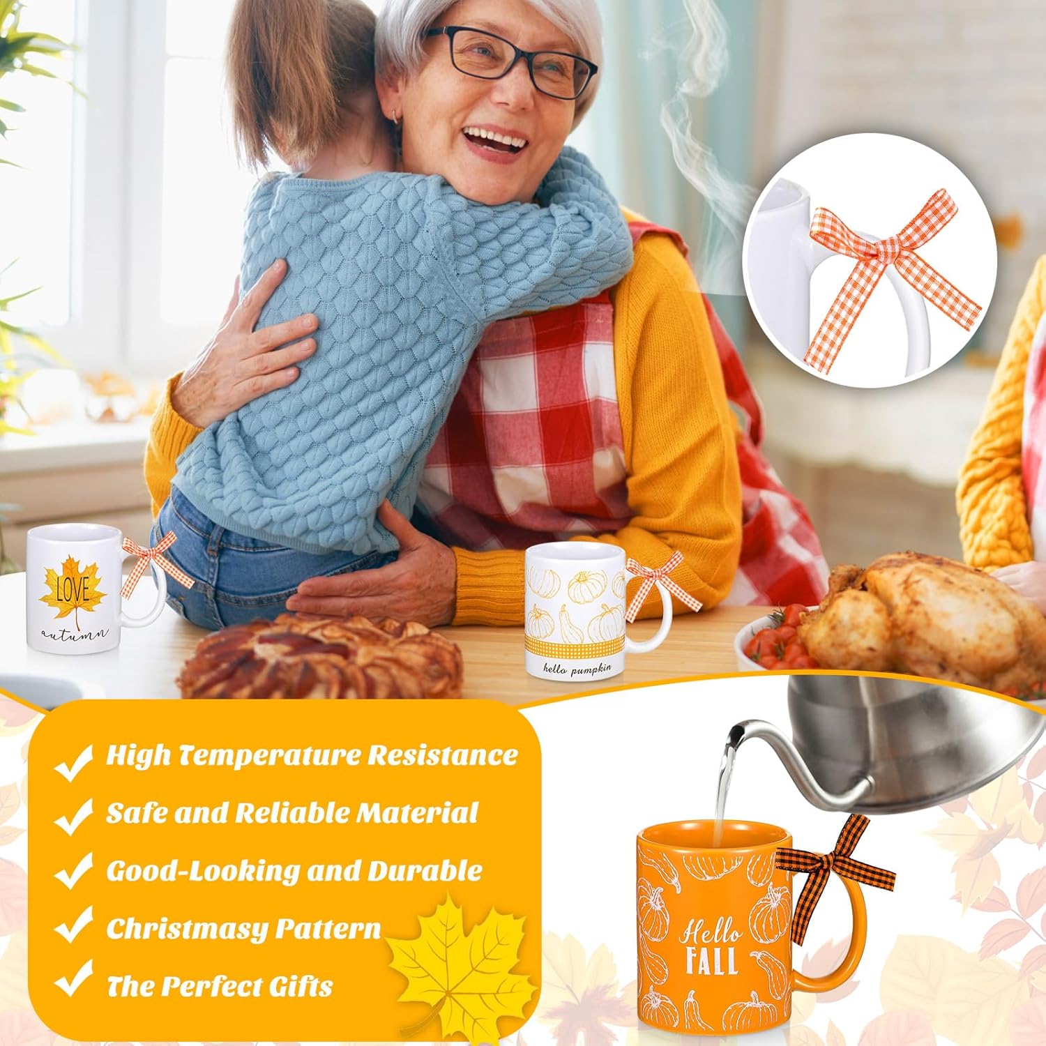 Juego de 6 tazas de café de 11 onzas para Acción de Gracias, regalos de otoño, tazas de café de cerámica, diseño de hojas de arce, decoración de