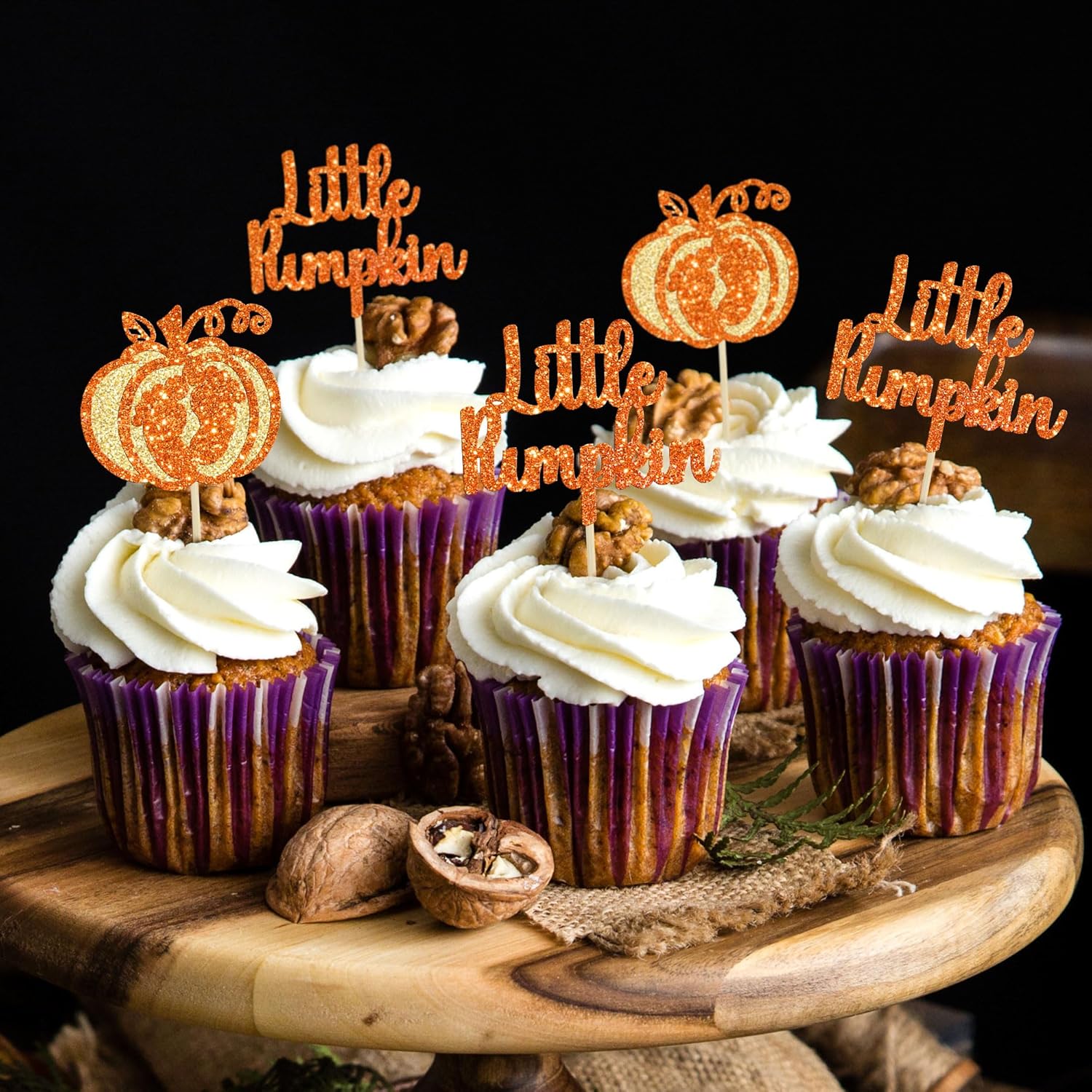 Gyufise 24 adornos para cupcakes de calabaza con purpurina con temática de otoño, decoración de cupcakes para baby shower, pies de bebé, palillos