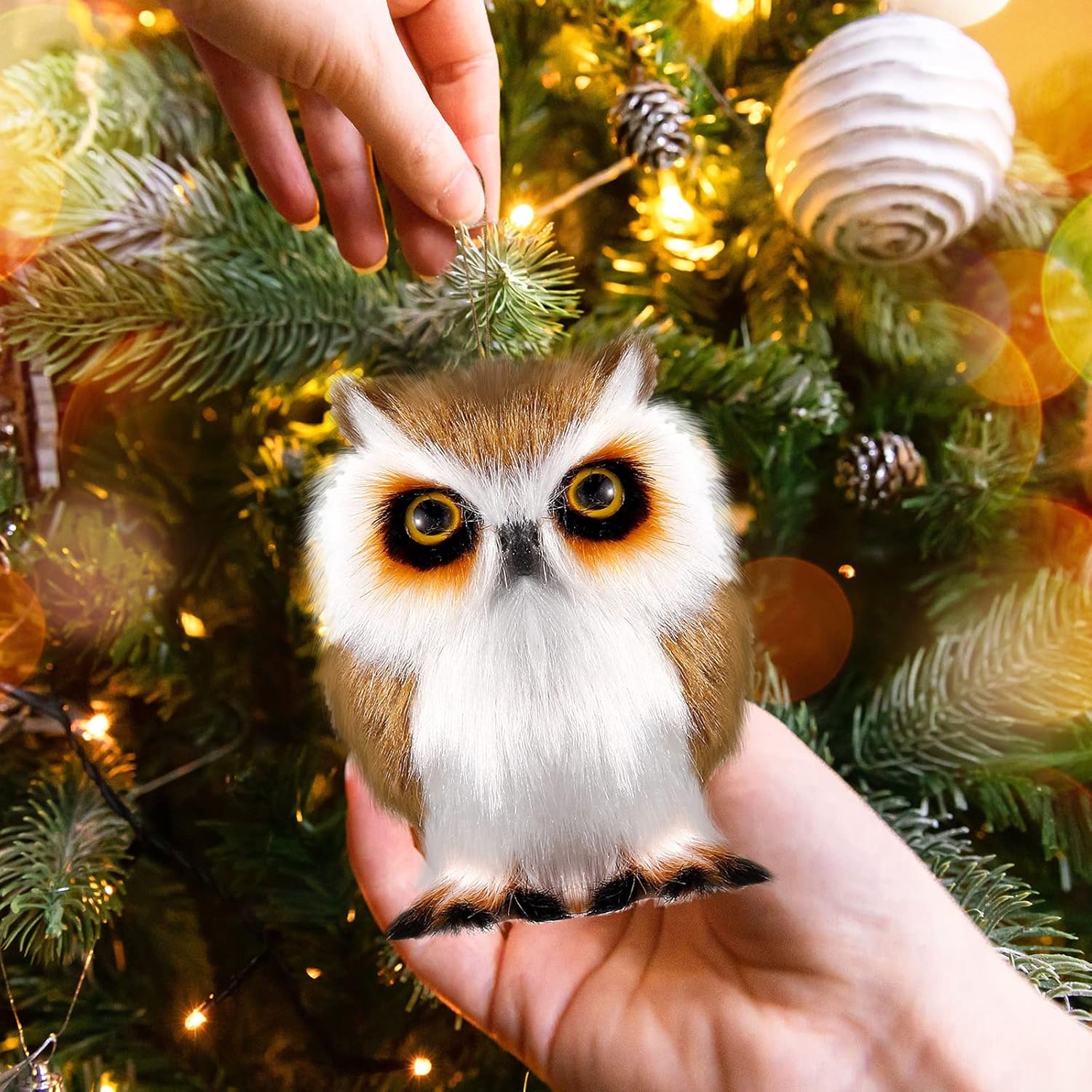 Sratte Adorno navideño de búho peludo, bonito búho colgante para árbol de Navidad, fiesta de carnaval (12 unidades, estilo marrón)