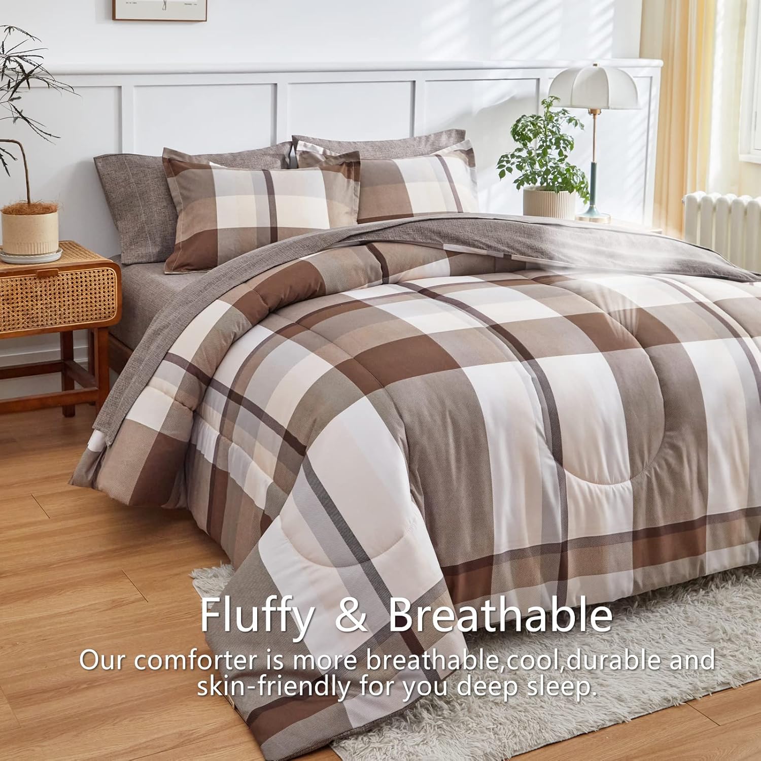 AIKASY Bed in a Bag – Juego de edredón reversible de microfibra suave de 6 piezas, diseño a cuadros marrones, para todas las estaciones (1 edredón,
