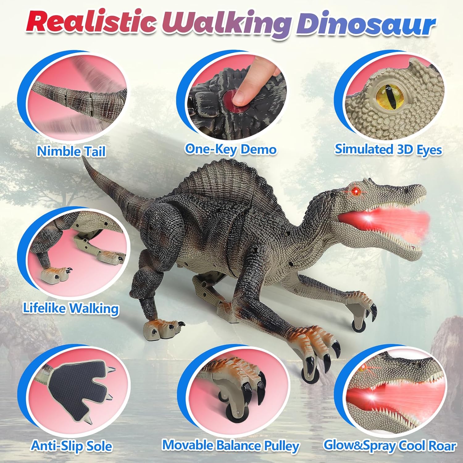 Juguete de dinosaurio a control remoto – Realista para caminar, rugir y rociar espinosaurio y T-Rex – Robot dinosaurio iluminado y sacudido de