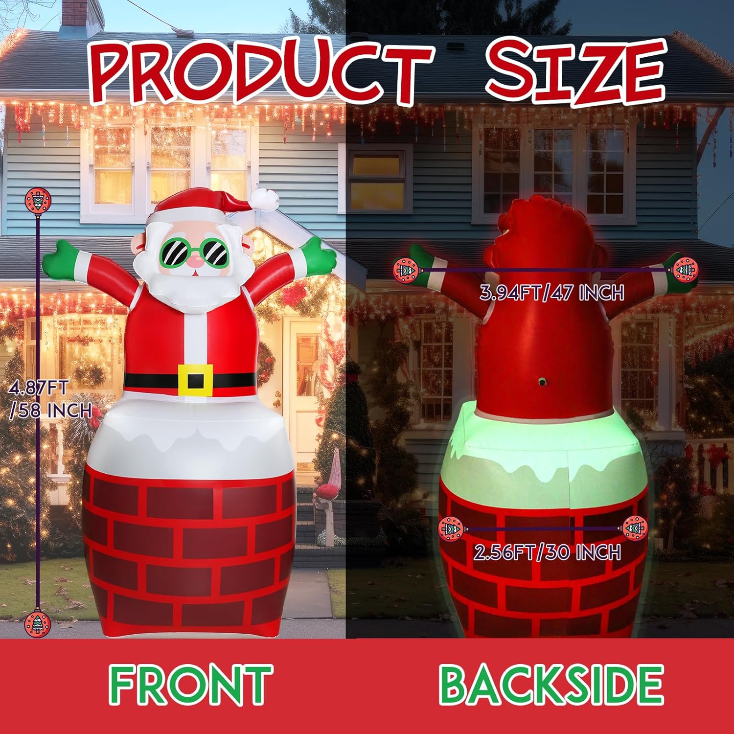 TOANEL Inflables de Navidad de PVC de 4.87 pies, decoraciones al aire libre, Papá Noel de pie en la chimenea LED, inflables inflables para
