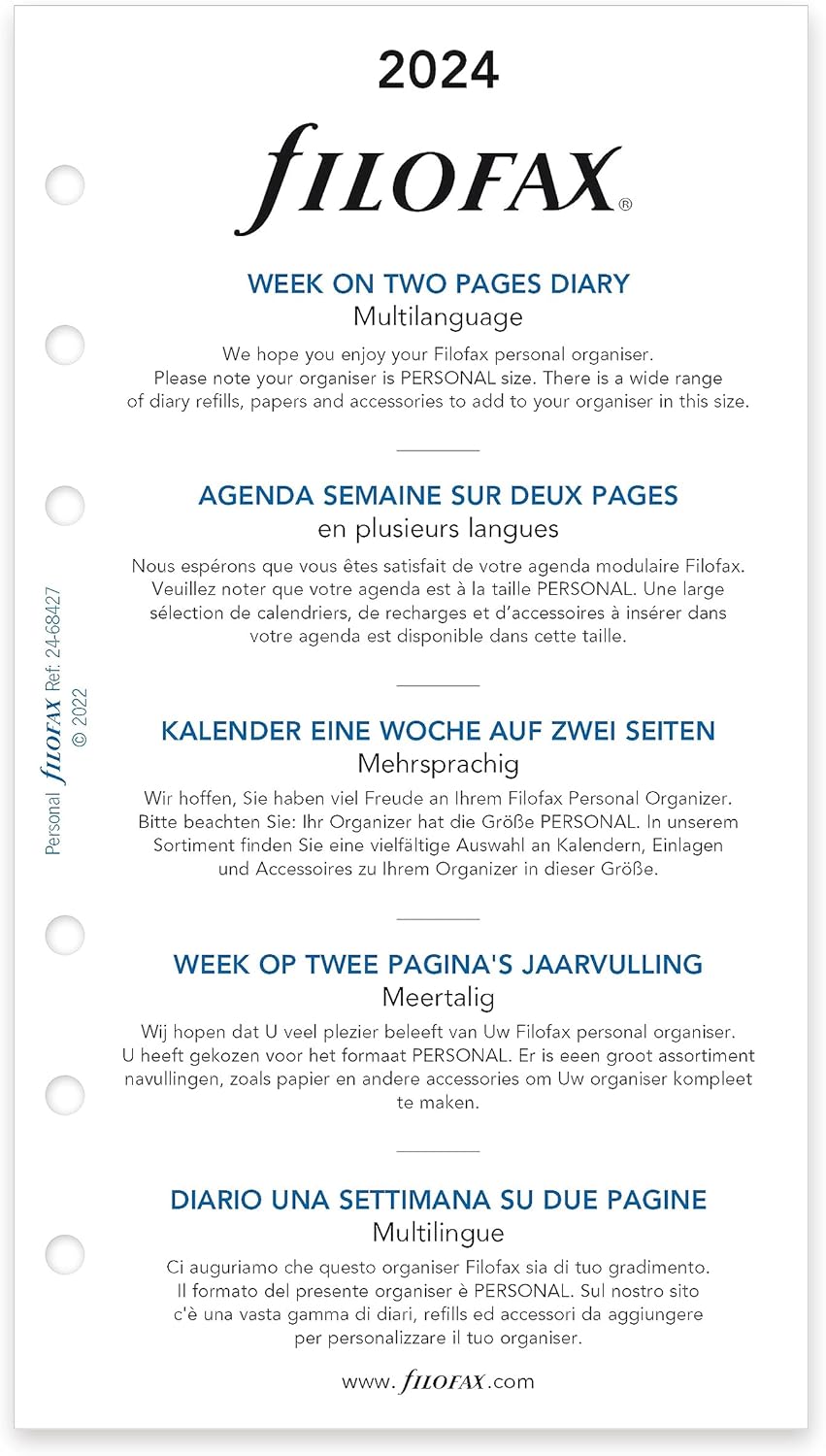 Filofax Recambio de diario de calendario, tamaño personalcompacto, semana a vista, libro blanco, sin rayas, multilingüe cinco idiomas, 2024