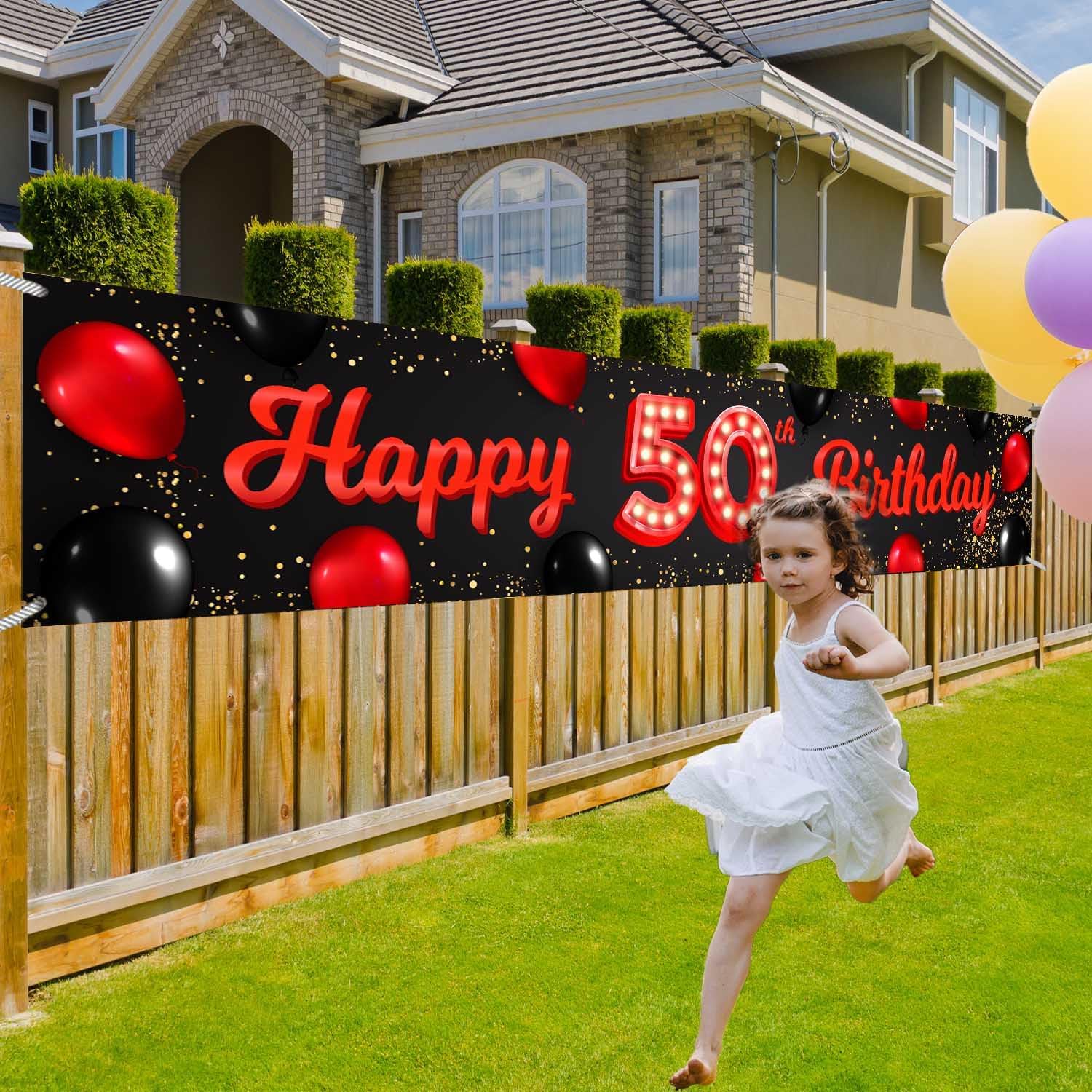 Cartel de feliz cumpleaños número 50 color rojo y negro, globos para decoración temática para patio, jardín, niñas, mujeres, princesas de 50 años,