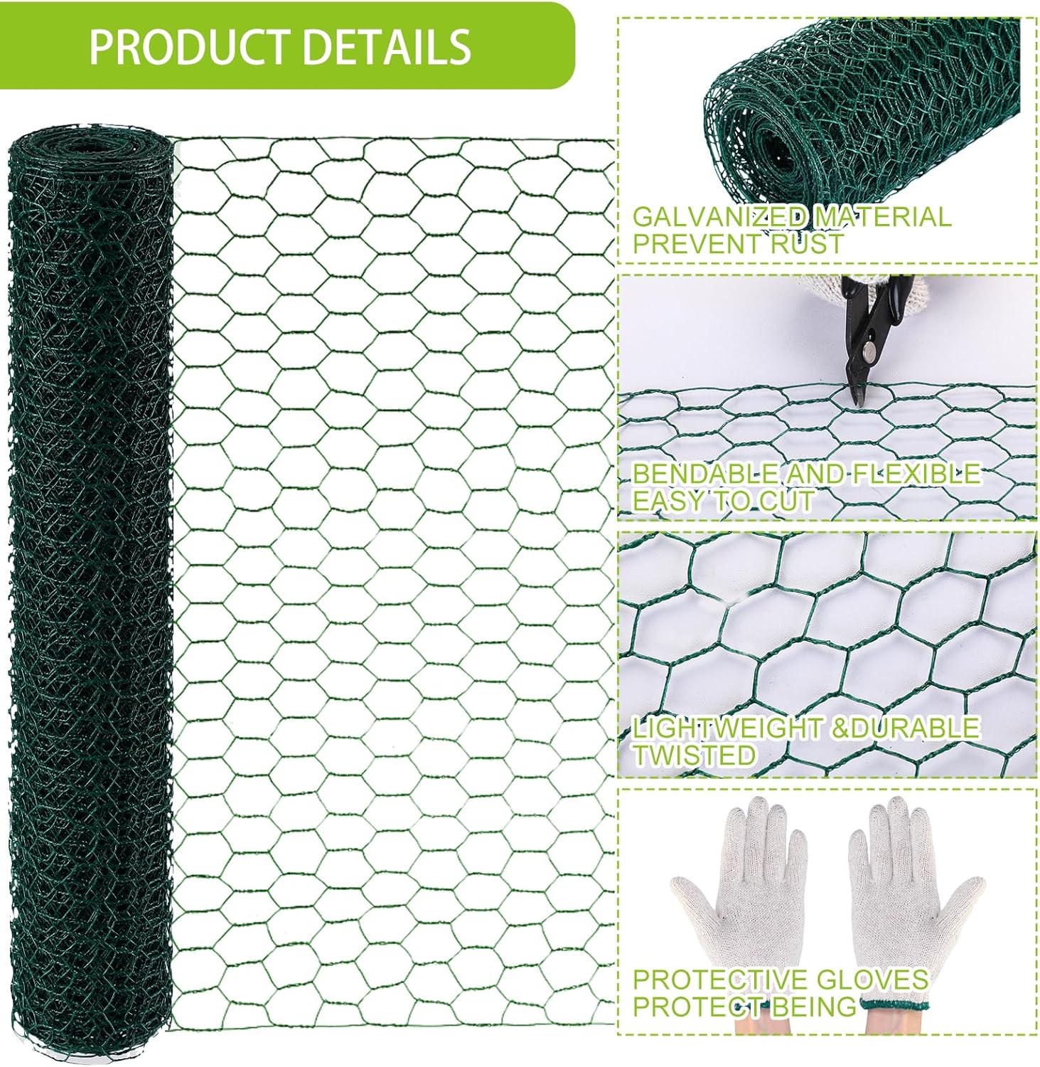 4 rollos de alambre de pollo de 13.7 x 236 pulgadas, malla de alambre floral hexagonal galvanizado floral con alicates, guantes protectores, bridas