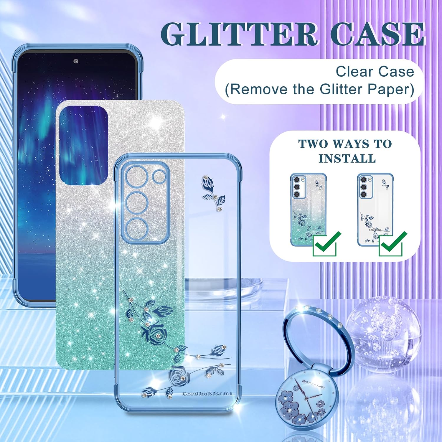 Coralogo Funda 3 en 1 para Samsung Galaxy S23 Plus con purpurina brillante para mujeres y niñas, cubierta brillante para teléfono, bonito diseño