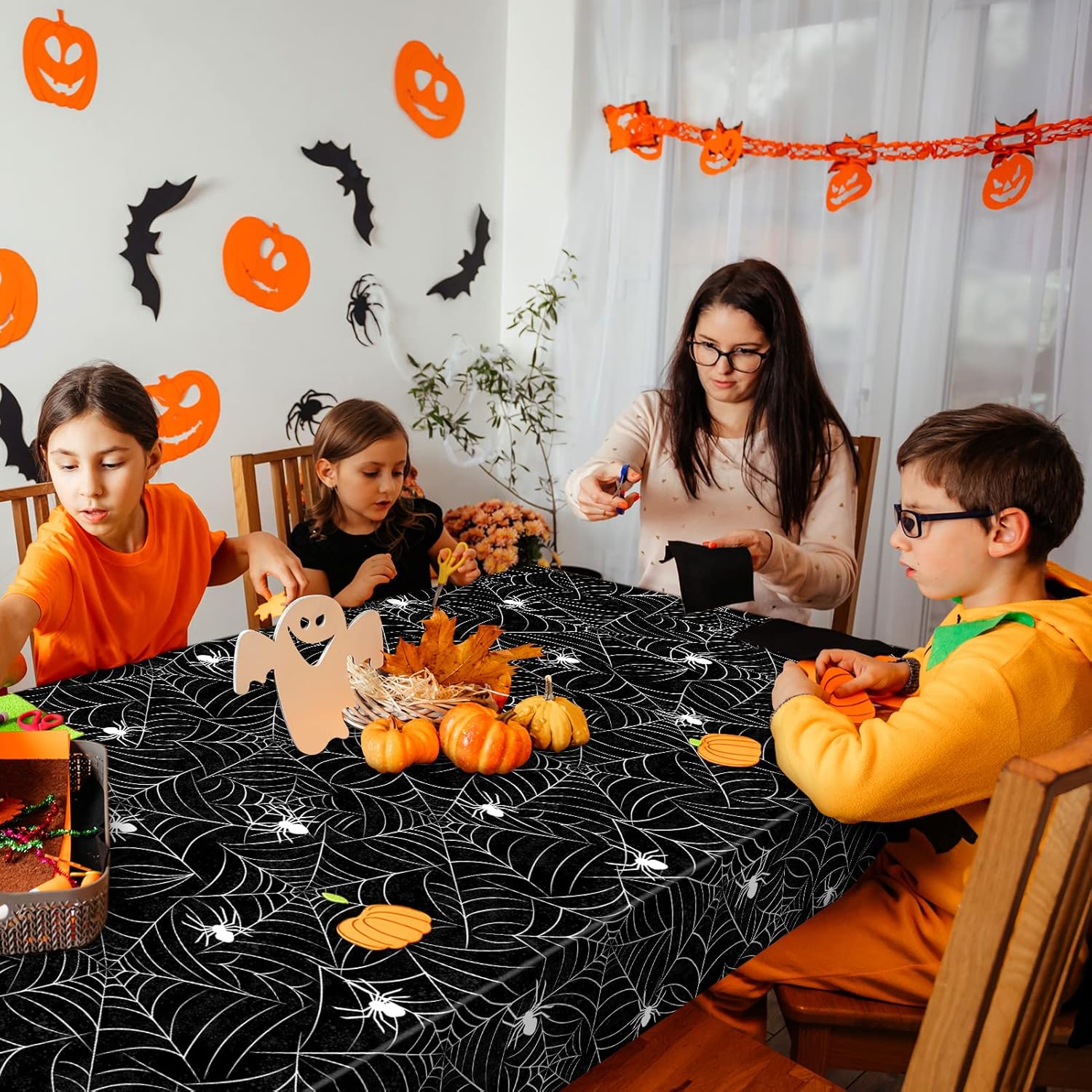 Paquete de 3 manteles rectangulares de tela de araña de Halloween, manteles de plástico de gran tamaño para decoración del hogar, decoraciones de